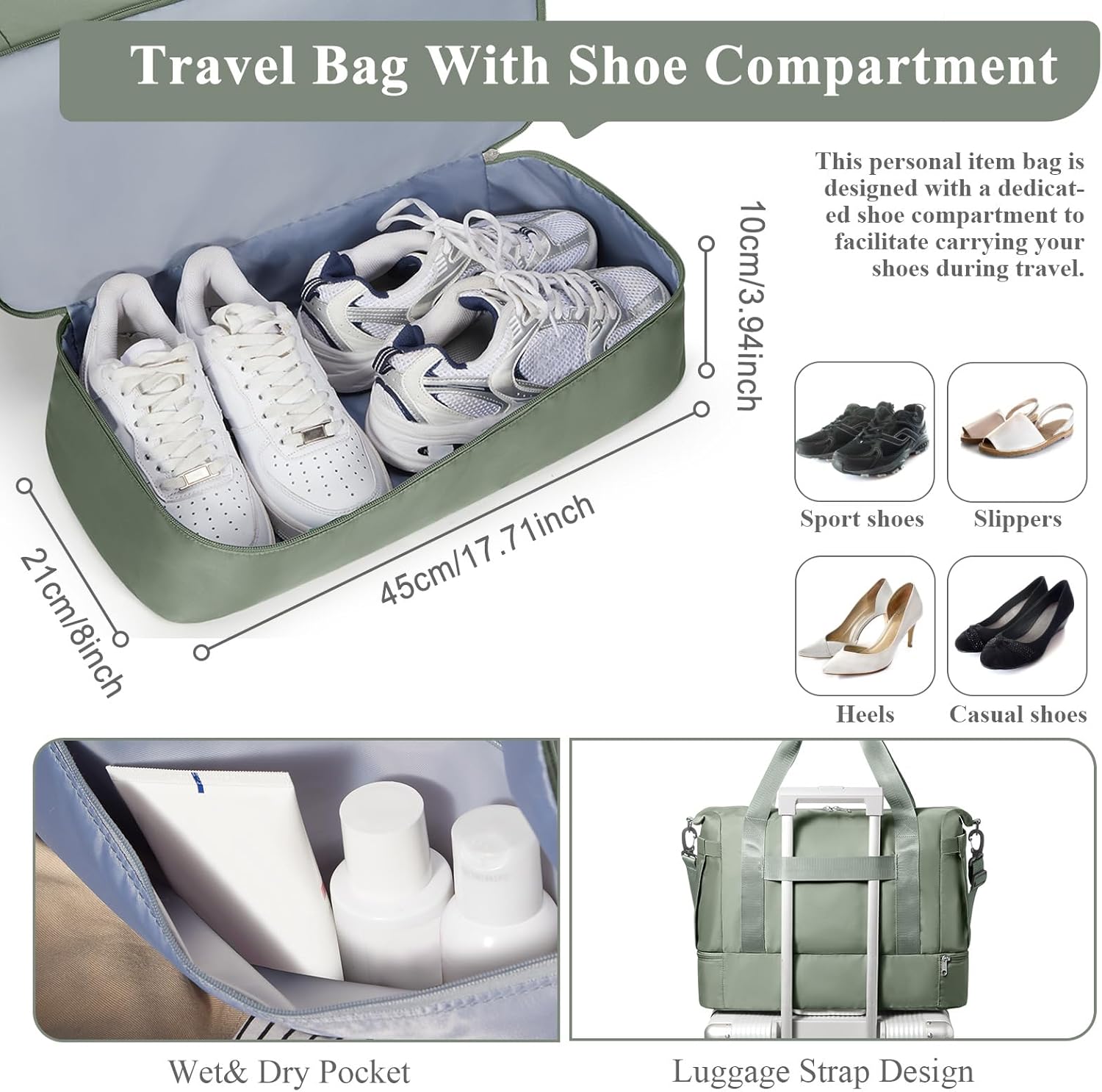 Travel Duffel Bag with Shoes Compartment, Overnight Weekender Bags for Women, Carry on Personal Item Bag with Wet Pocket for Travel, Gym, Weekend,Green - Image 3