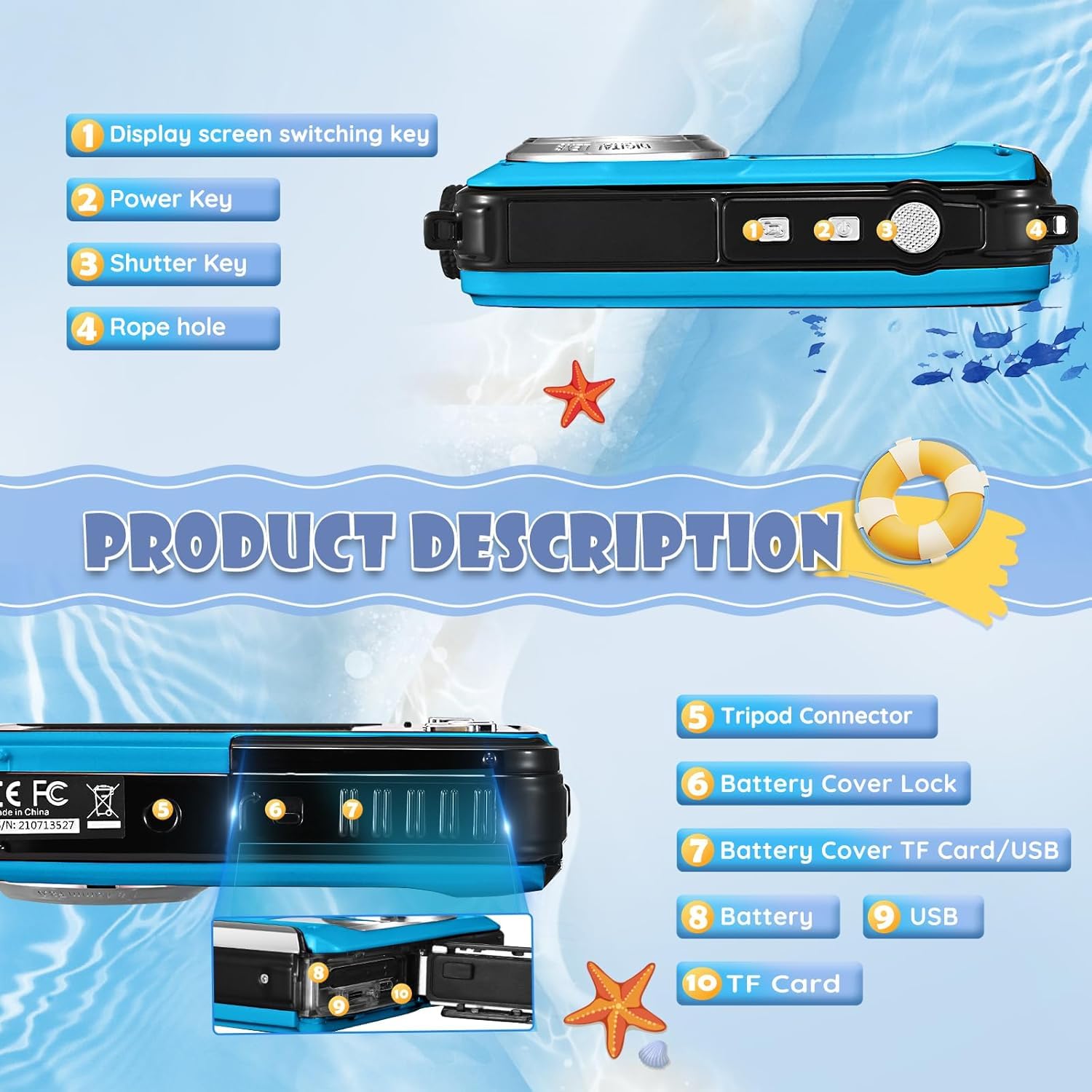 Cámara Digital Impermeable,Couleeur Full HD 2.7K 48MP Doble Pantalla Anti-Shake con micrófono LED Disparador automático y Zoom Digital 16X para niños Adolescentes (Azul)