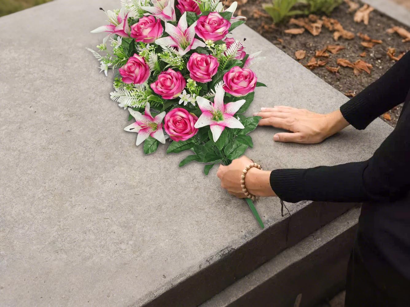 Briful Artificial Flowers for Cemetery, Cemetery Flowers for Grave, Weather Resistant Cemetery Flowers for Vase, Large Sympathy Grave Floral Arrangement with Roses Lily Flowers