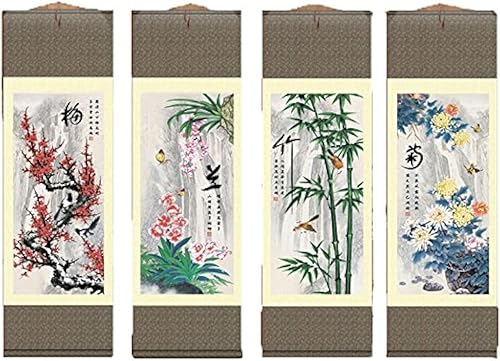 Grace Art Rollo de pared asiático, juego de 4, flor de ciruelo, orquídea, bambú y crisantemo