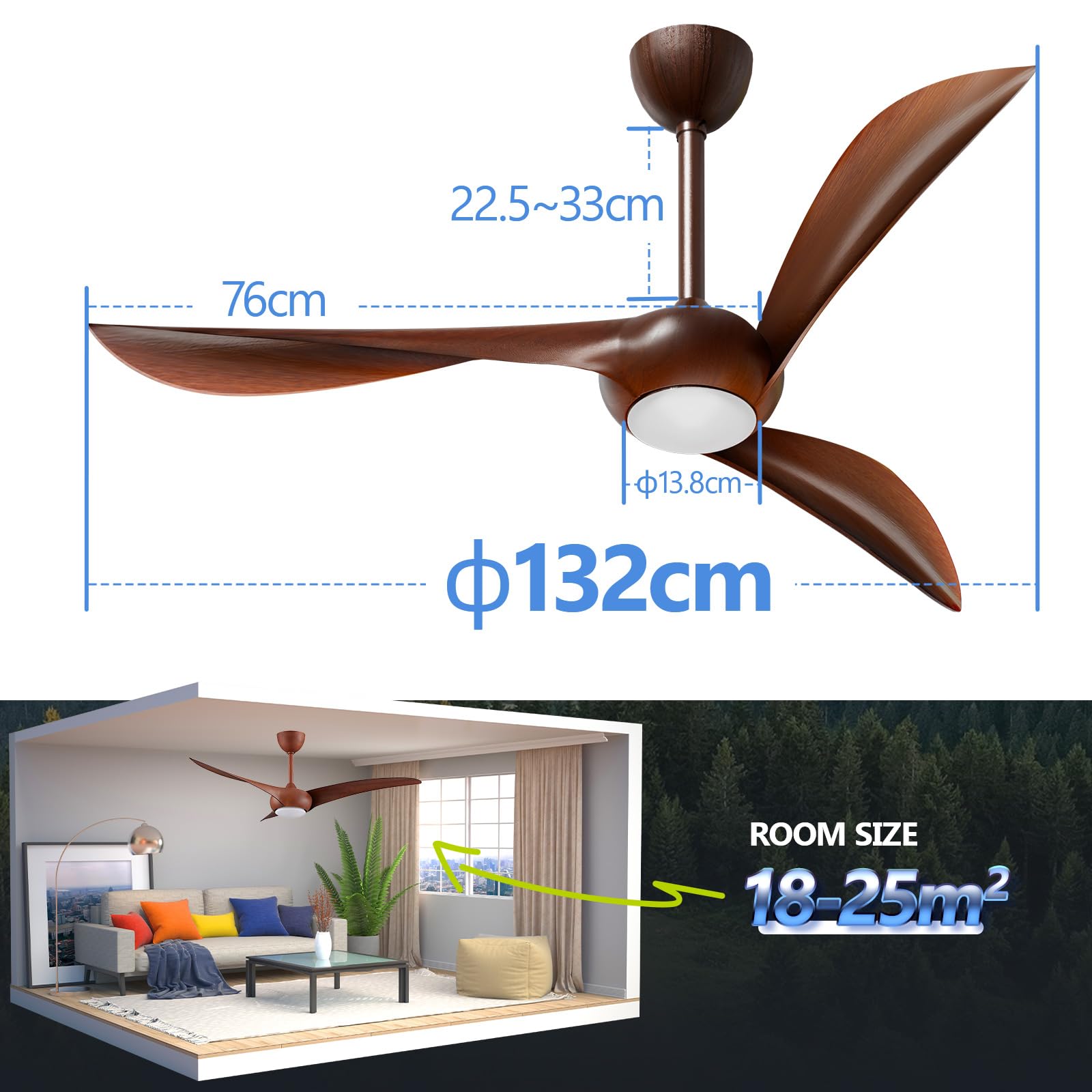 HOOLED Ventilatore da soffitto con luce DC motore brushless, 3 Lama 52 inch, velocità del vento regolabile a 6 velocità con funzione di temporizzazione, luce LED regolabile in 3 colori