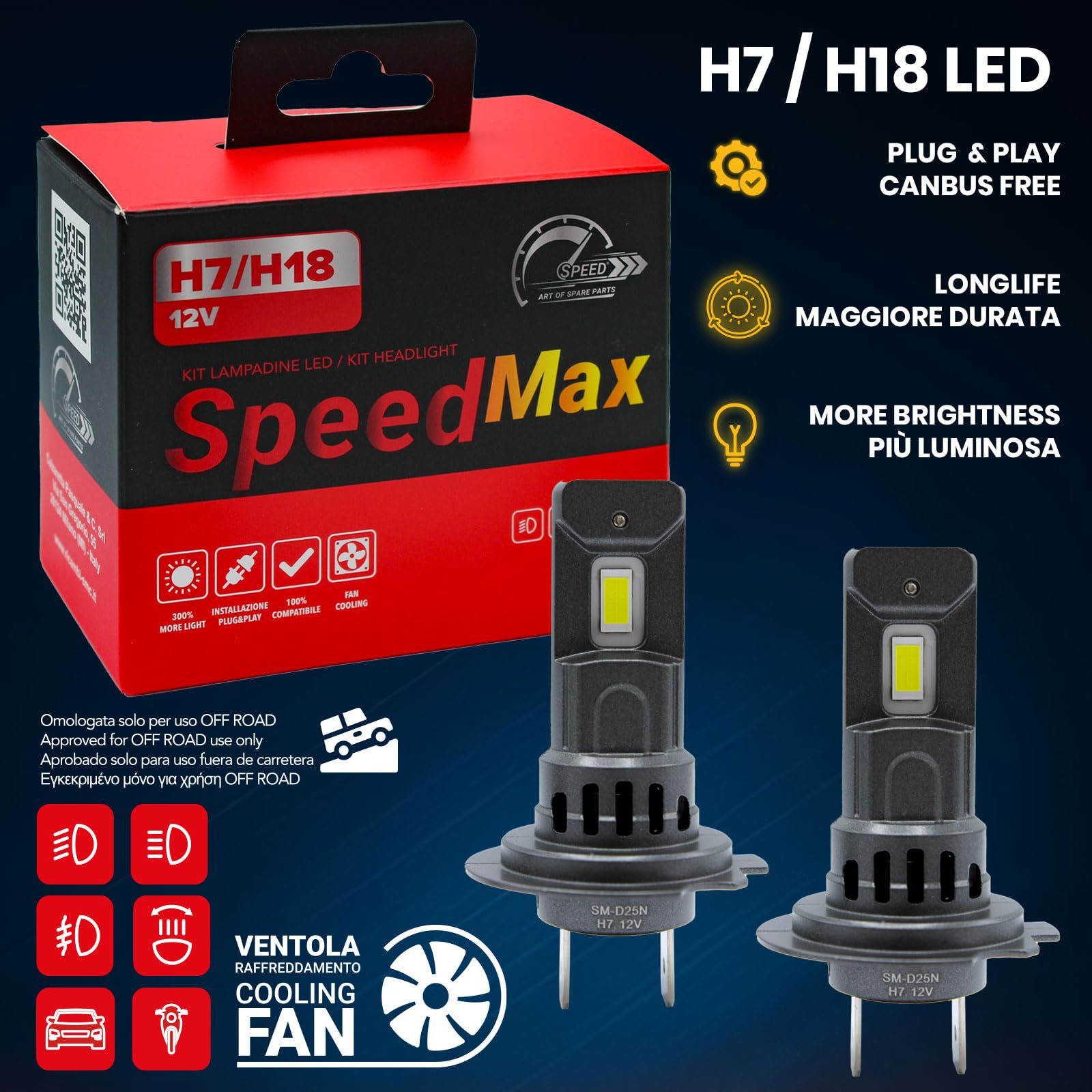 SpeedMax Lampadine Led con ventola per auto e moto H7 H18 6500K Plug & Play per Fari a Parabola +300% OFF ROAD