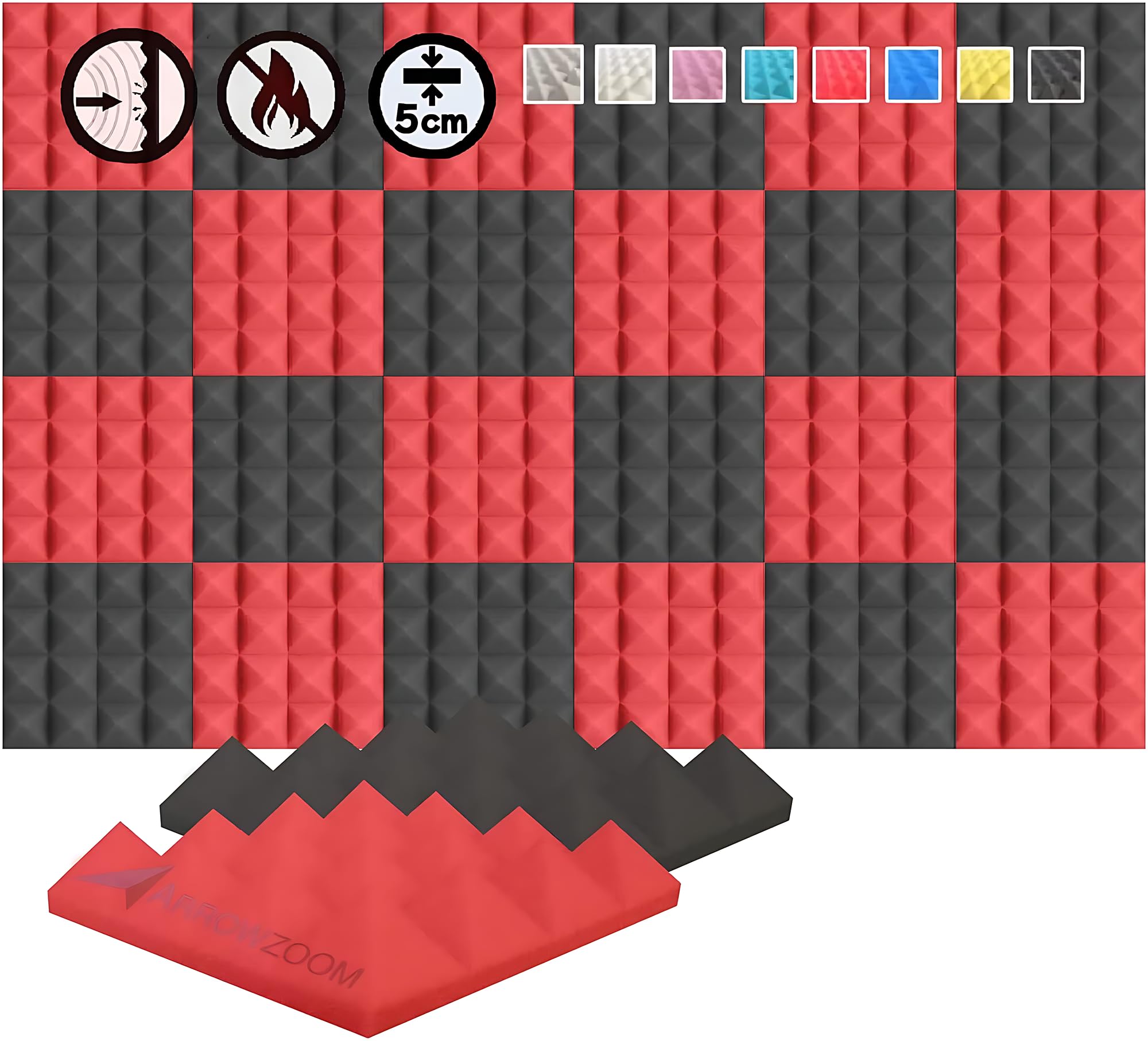 Arrowzoom24 Black & Red Acoustic Panels Pyramid Sound Absorbing Acoustic Treatment Tiles 50x50x5cm Recording Studio Noise Cancellation 500-8000Hz Acoustical Walls Dampening Foam Fire Retardant AZ1034