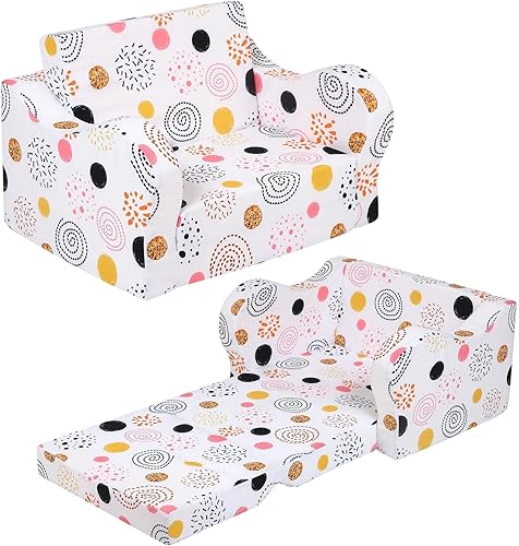 Kids Sofa, 2-in-1 Flip-Out Foam Couch, Foldable Soft Play Lounge Chair, White Blanco