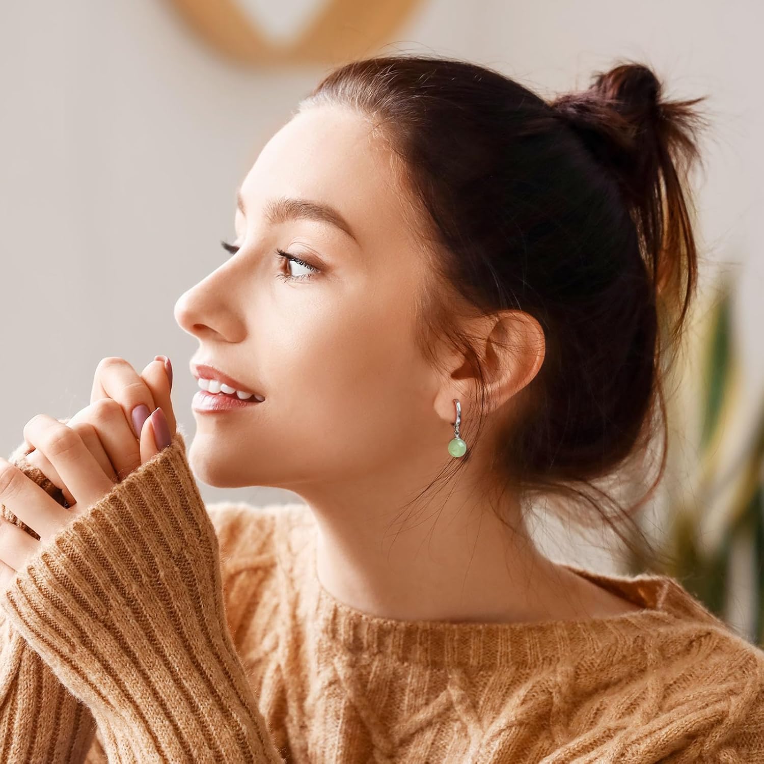 Silver Jade Pearl Huggie Hoop Earrings Gemstone Earrings for Women Trendy Simple Hoop Jewelry for Gift - Image 2