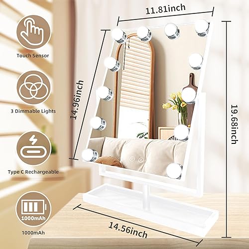 Miniatura 7 de Espejo de tocador con luces, 12 bombillas LED regulables, espejo Hollywood desmontable, 10 aumentos, control táctil, espejo de maquillaje recargable