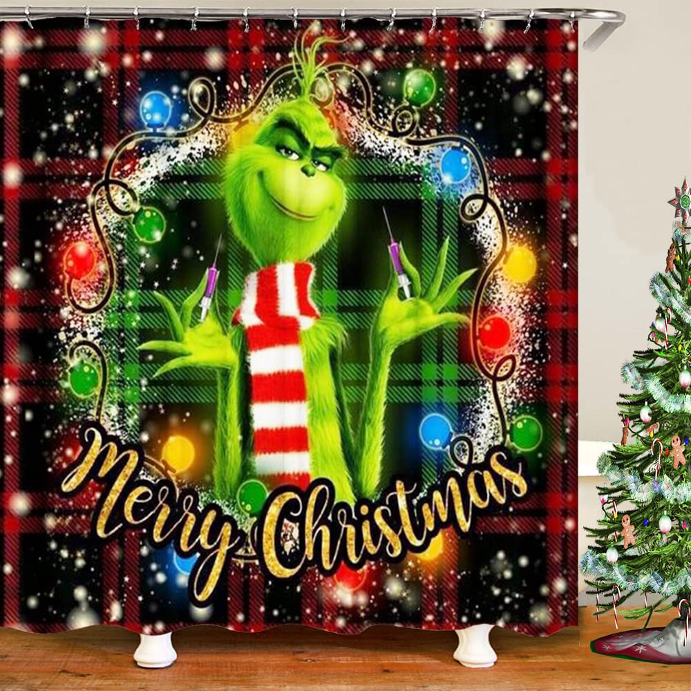 JEJOMEAG Merry Christmas Shower Curtain – Gnome & Tree Farmhouse Holiday Bathroom Decor, 70x70 Inches, Waterproof