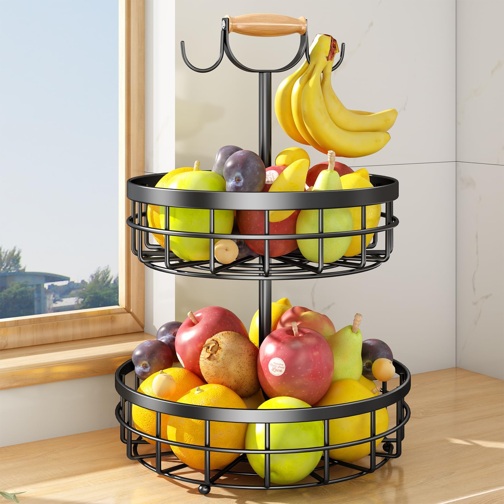 SAYZH 2 Tier Large Fruit Basket for Kitchen Counter with 2 Banana Hangers