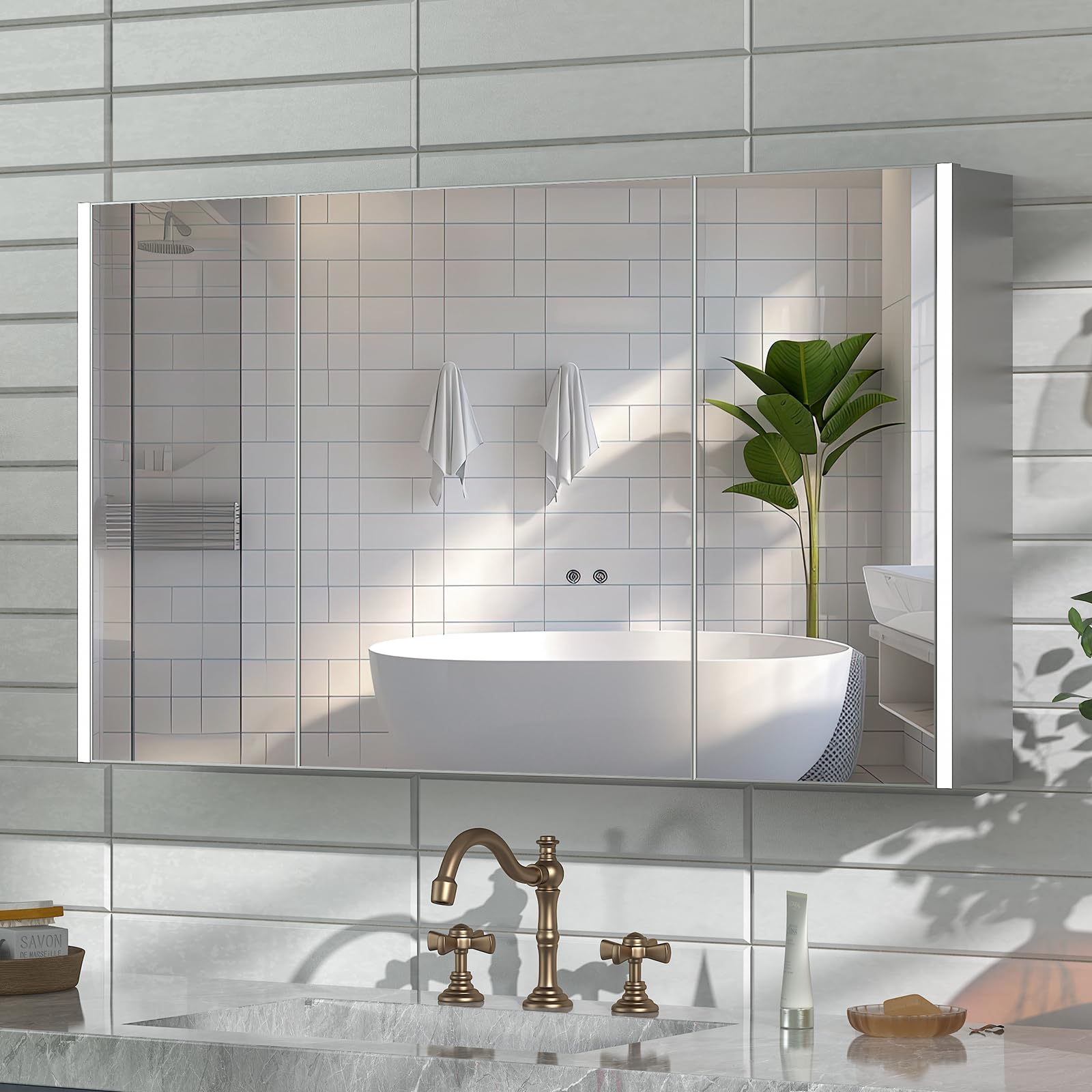 szafka z lustrem do łazienki z oświetleniem, 100x70x13 cm, szafka z lustrem do łazienki, lustro łazienkowe z oświetleniem LED, szafka łazienkowa z 3 drzwiami, możliwość regulacji jasności