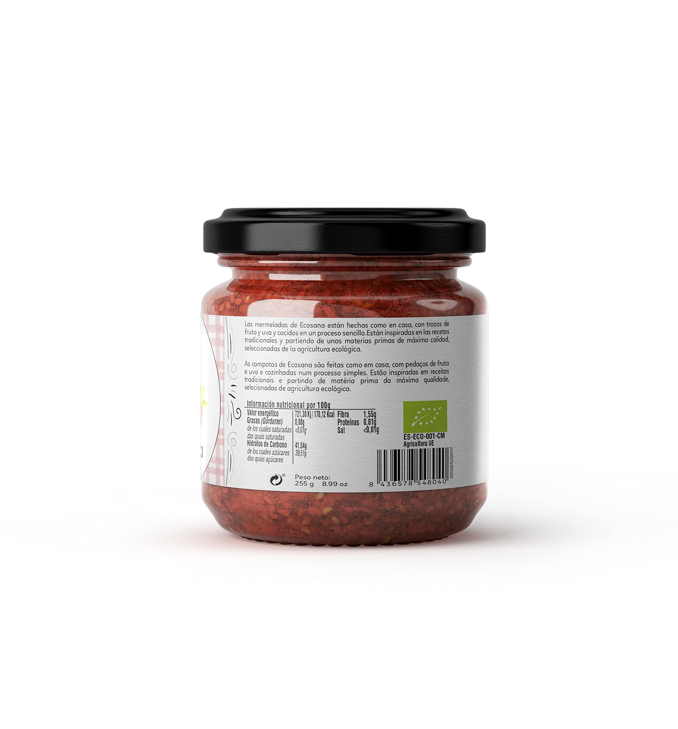 Drasanvi ECOSANA Mermelada de Fresa sin Azúcar Bio,con Vitaminas del Grupo B, Vitamina C, Minerales y Omega 3 |Fuente de Energía, Antioxidante | Deliciosa y Endulzada con Zumo de Uva,250 g