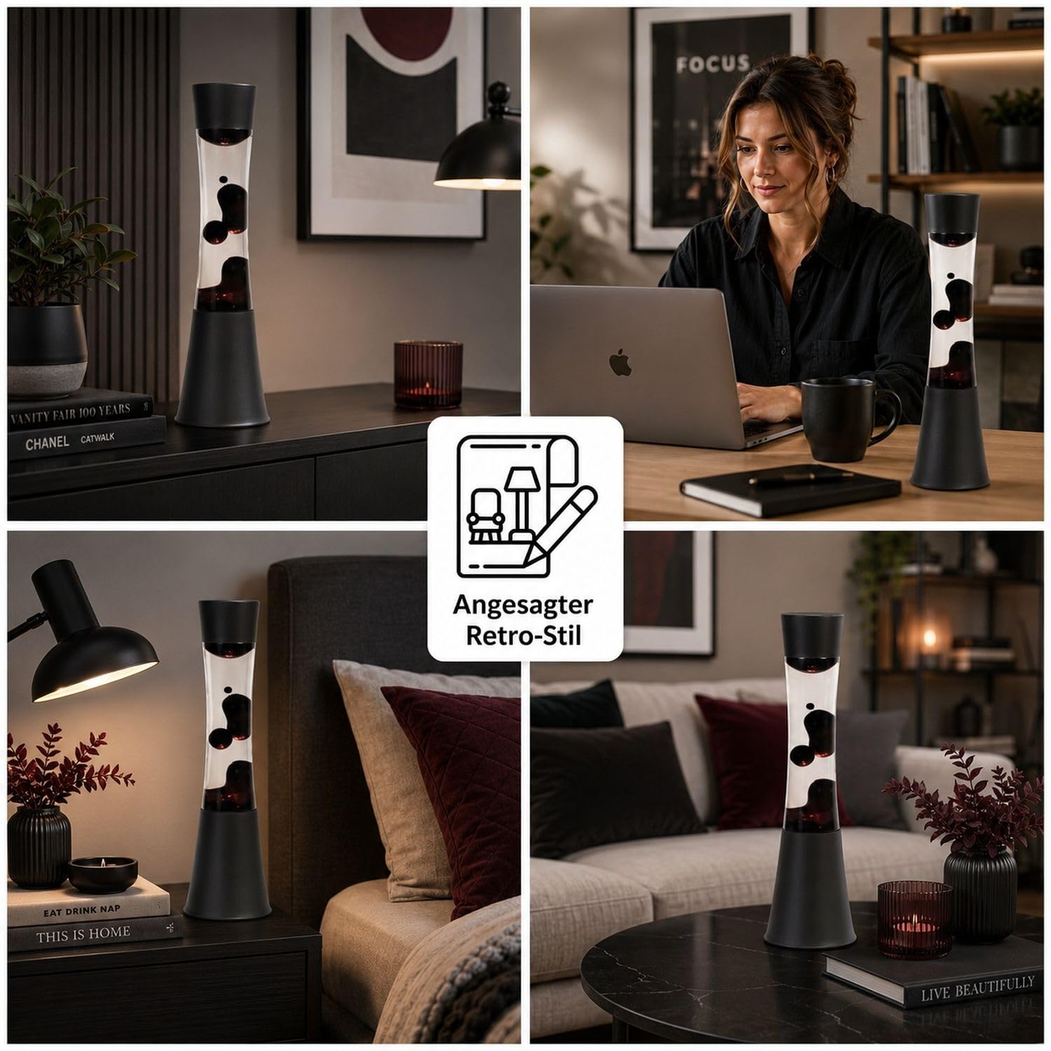 Easylight Lámpara de lava SANDRO Design negra y morada con interruptor, 39,5 cm de altura, G9, lámpara de mesa retro, habitación juvenil