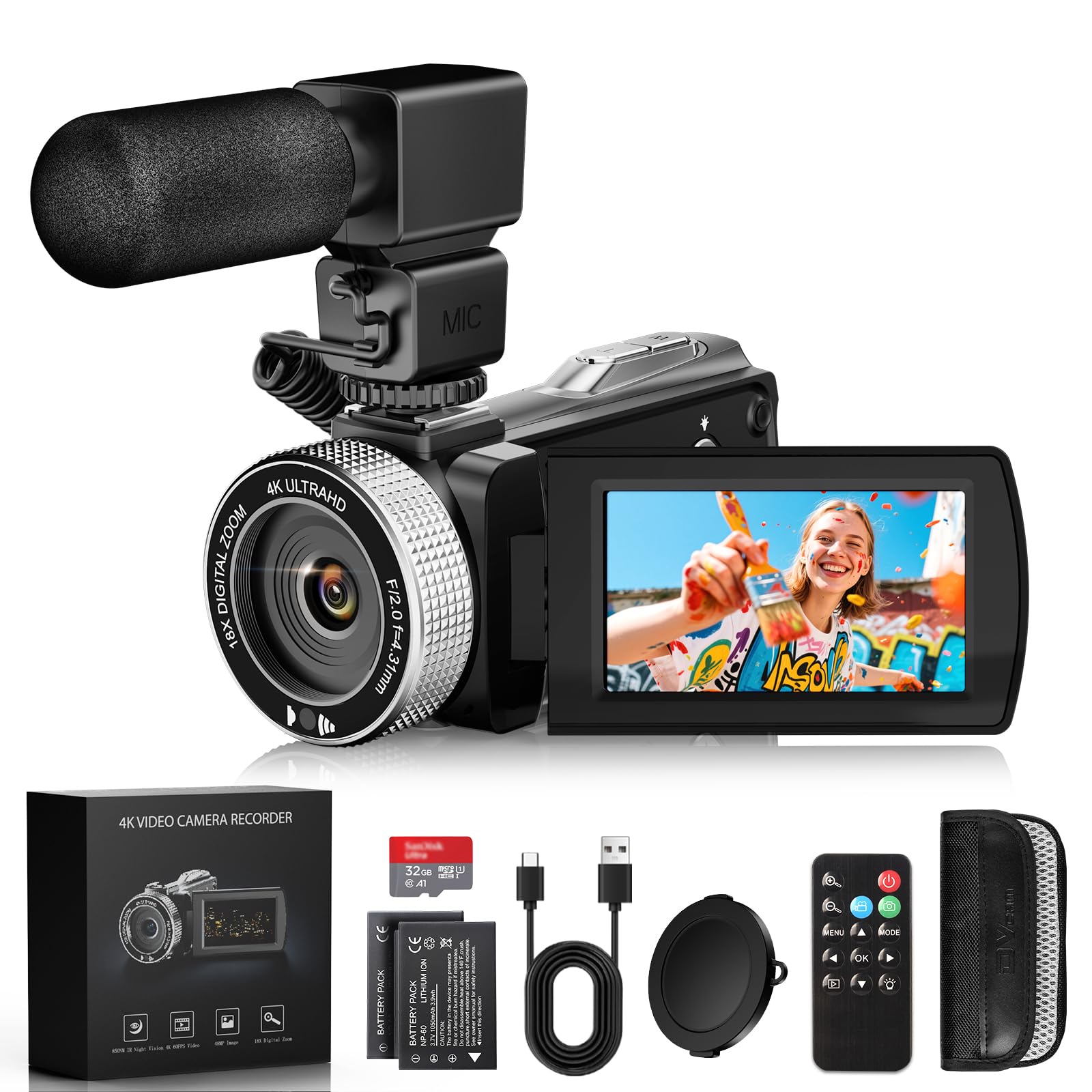 Videocamera 4K 48MP con Visione Notturna IR, Zoom Digitale 18X 3.0'' Rotazione 270° Touchscreen Vlogging Camera per YouTube, Camcorder con Telecomando, Microfono, Scheda TF da 32 GB, 2 Batterie