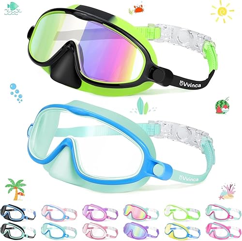 Miniatura 12 de Vvinca 2 gafas de natación para niños con cubierta para la nariz, máscara de buceo de natación de visión amplia, antivaho UV, anti roturas para