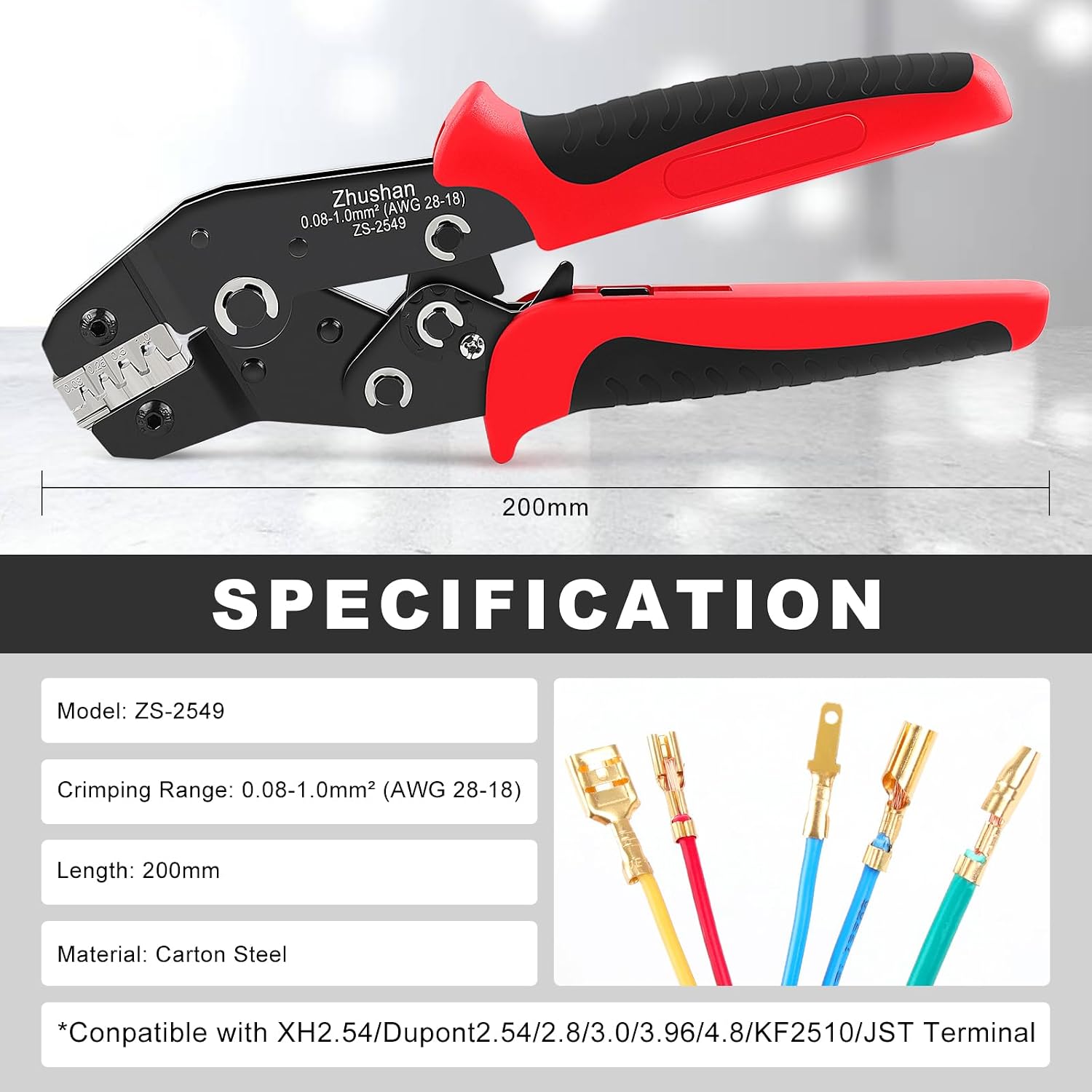 Zhushan ZS-2549 Precision Ratcheting Crimping Tool for JST, Molex, Dupont Terminals – Fits ZH 1.5mm, PH 2.0mm, XH 2.5mm, VH 3.96mm, Dupont 2.54mm, AWG 28-18 (0.08-1.0mm²) – Professional Wire Crimper