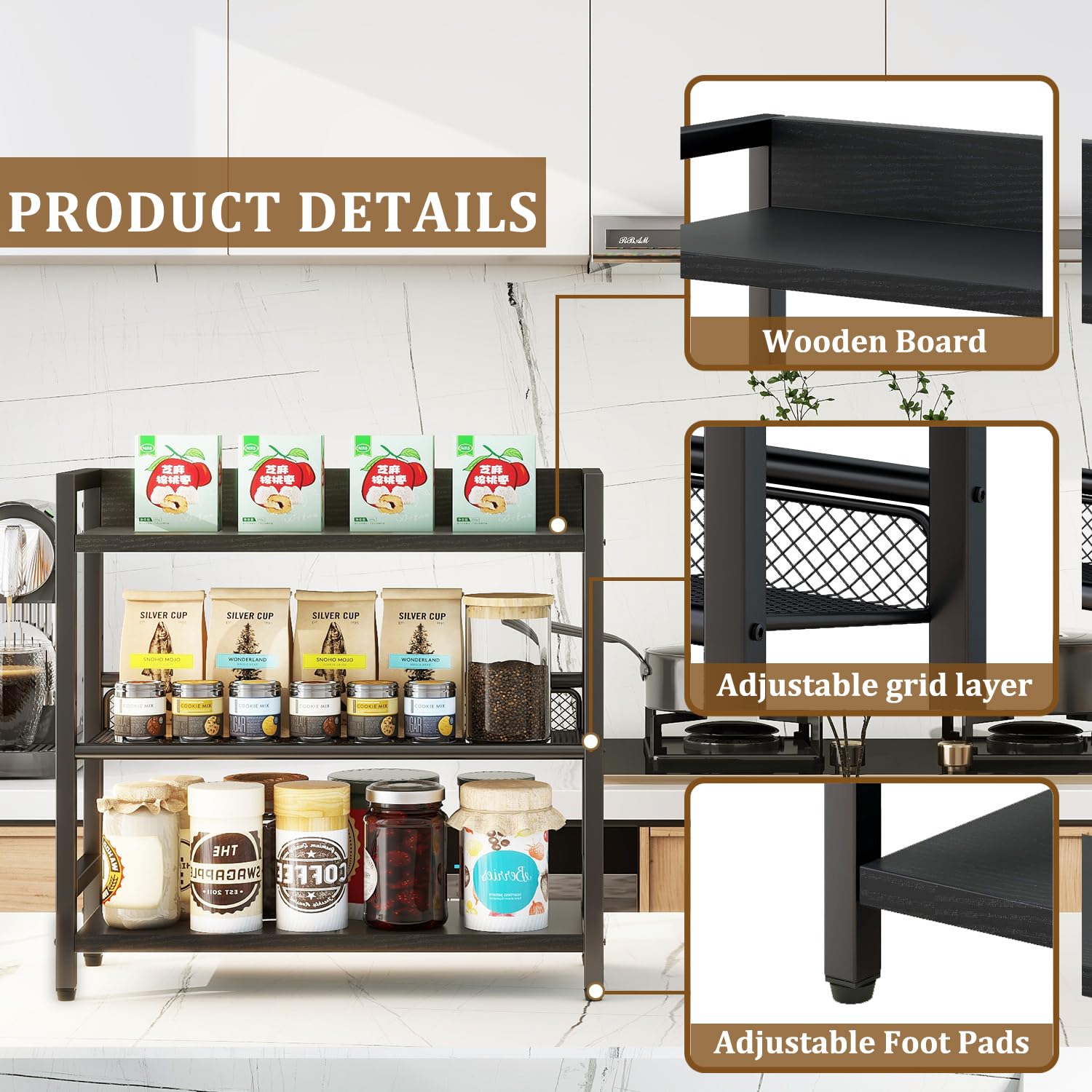 Estante de especias industrial de 3 niveles, organizador de almacenamiento de escritorio, estante de condimentos de pie para encimera, cocina, oficina, sala de estar, escritorio, negro, 8