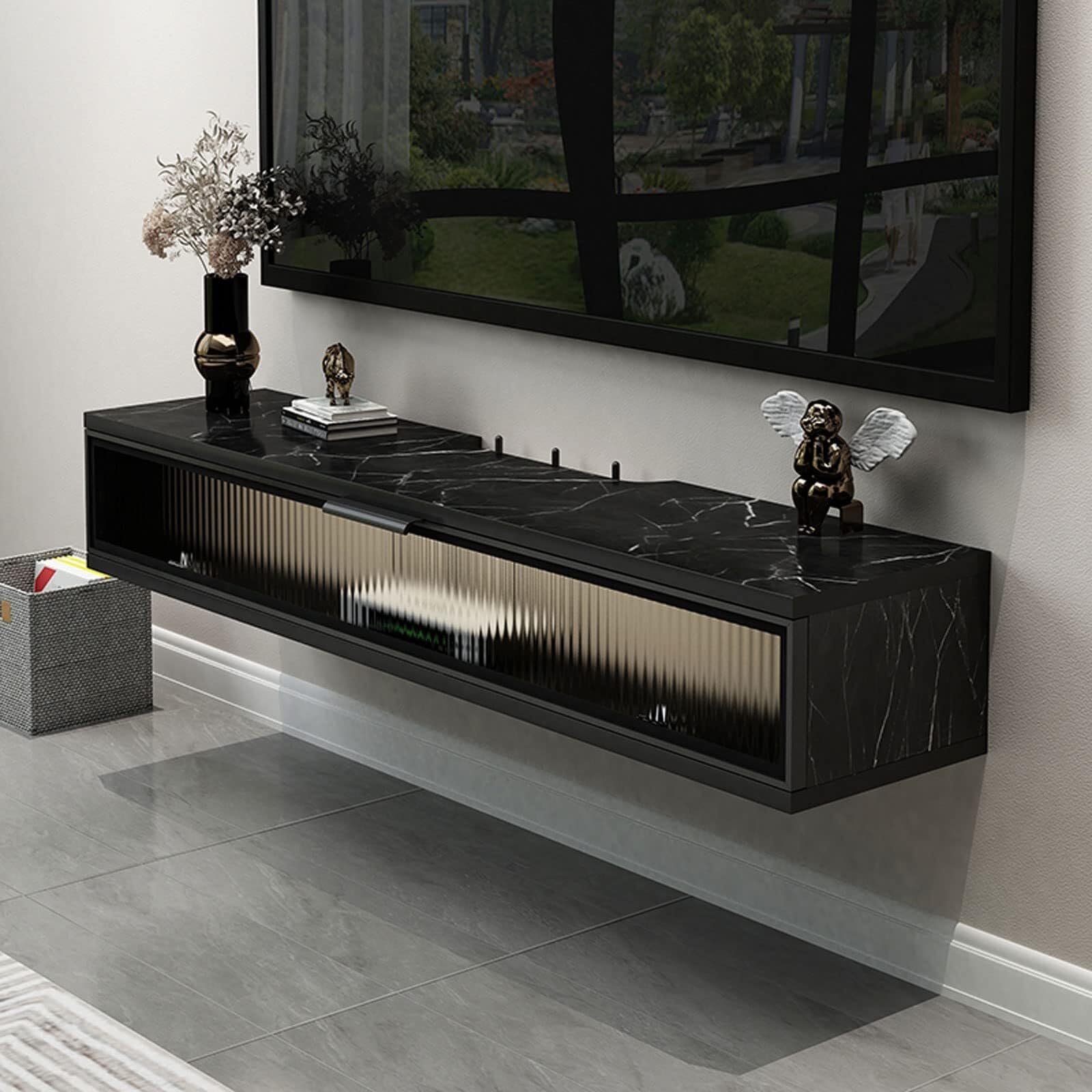 Table TV murale gain de place meuble TV flottant noir en bois