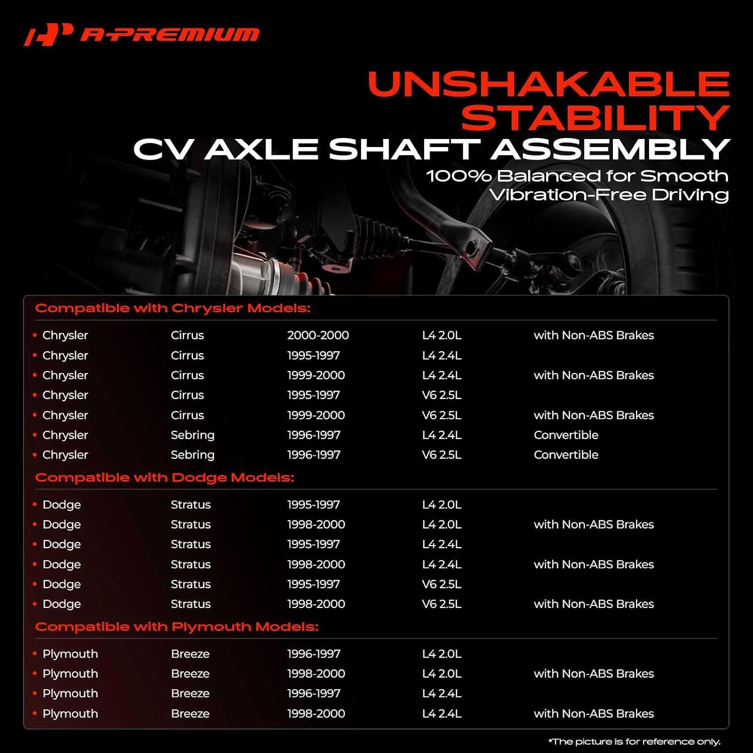 A-Premium CV Axle Shaft Assembly Compatible with Dodge, Chrysler & Plymouth Models - Stratus 1995-2000, Sebring 1996-1997, Cirrus 1995-2000, Breeze 1996-2000 - Front Left Driver Side