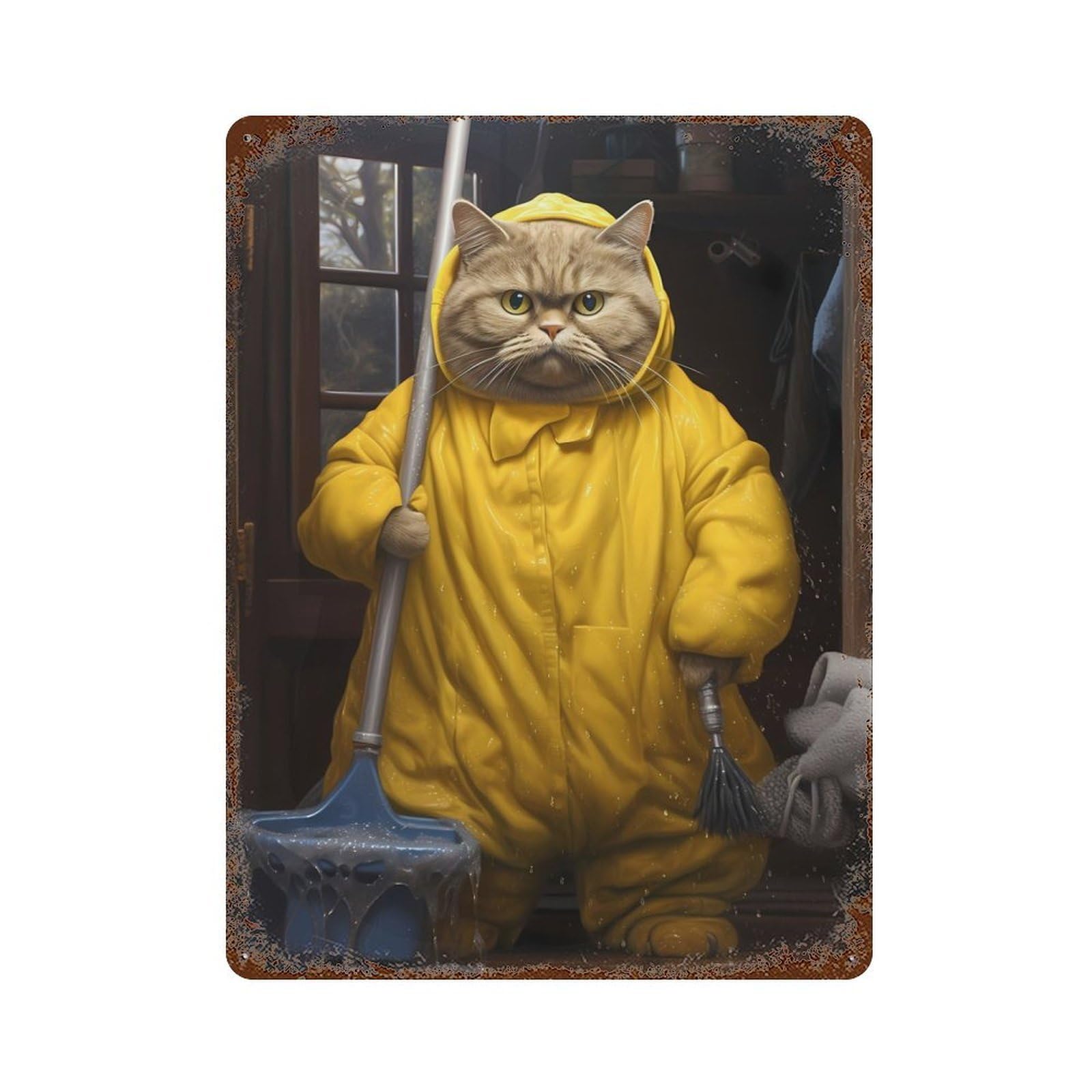 Vintage Rust Metal Sign with Fat Cat Cleaning Bathroom Design 15.7"x11.8", for Garage, Bar And Workshop Decor, Retro Wall Decor