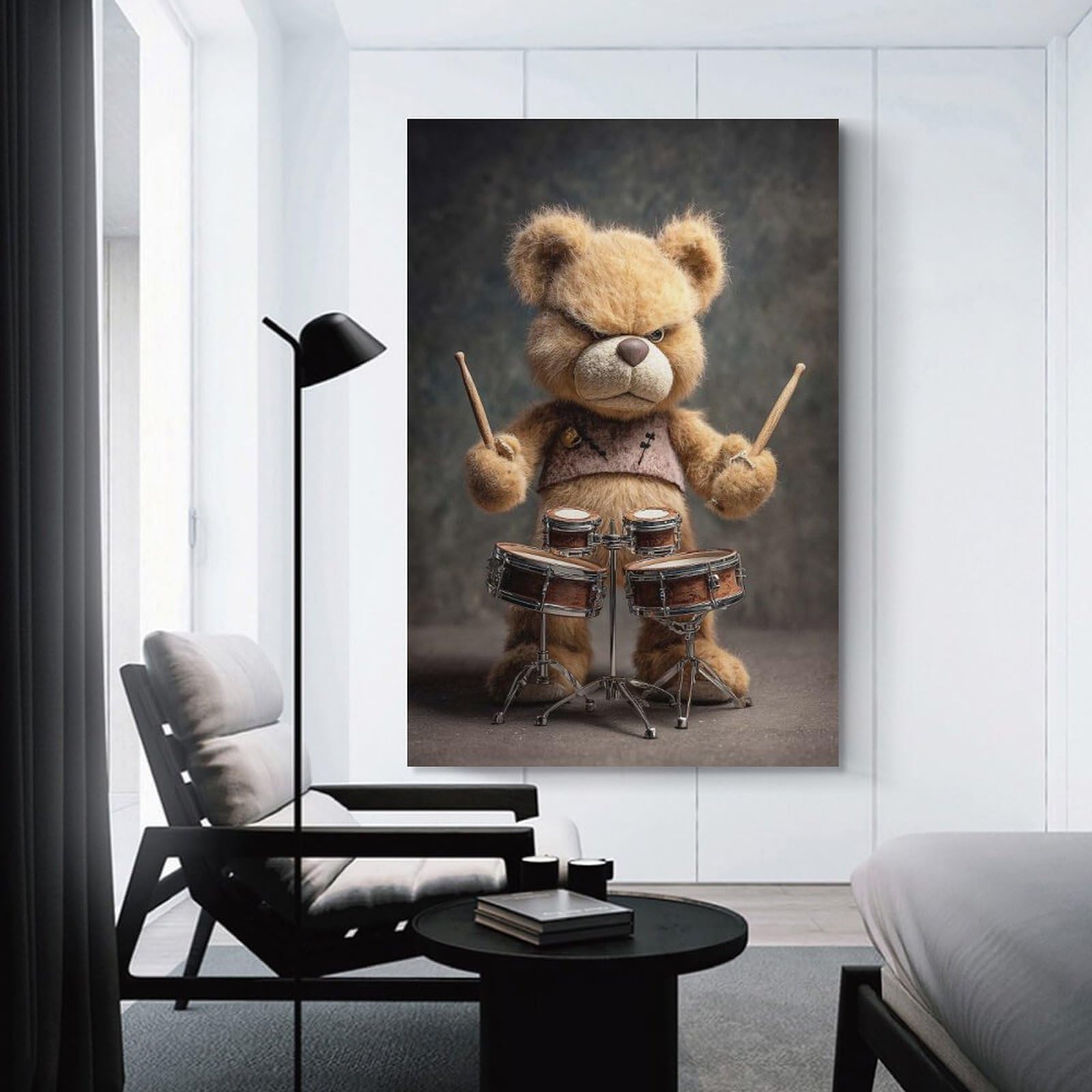 Junmoney Home Decor Wall Art Grumpy Teddy Bear Drummer Poster, Picture, Metal Print, Paint by Creed, 12x18inch(30x45cm), for New Homes, Bedrooms Or Workspaces, Home Decor Gift with Stylish Appeal