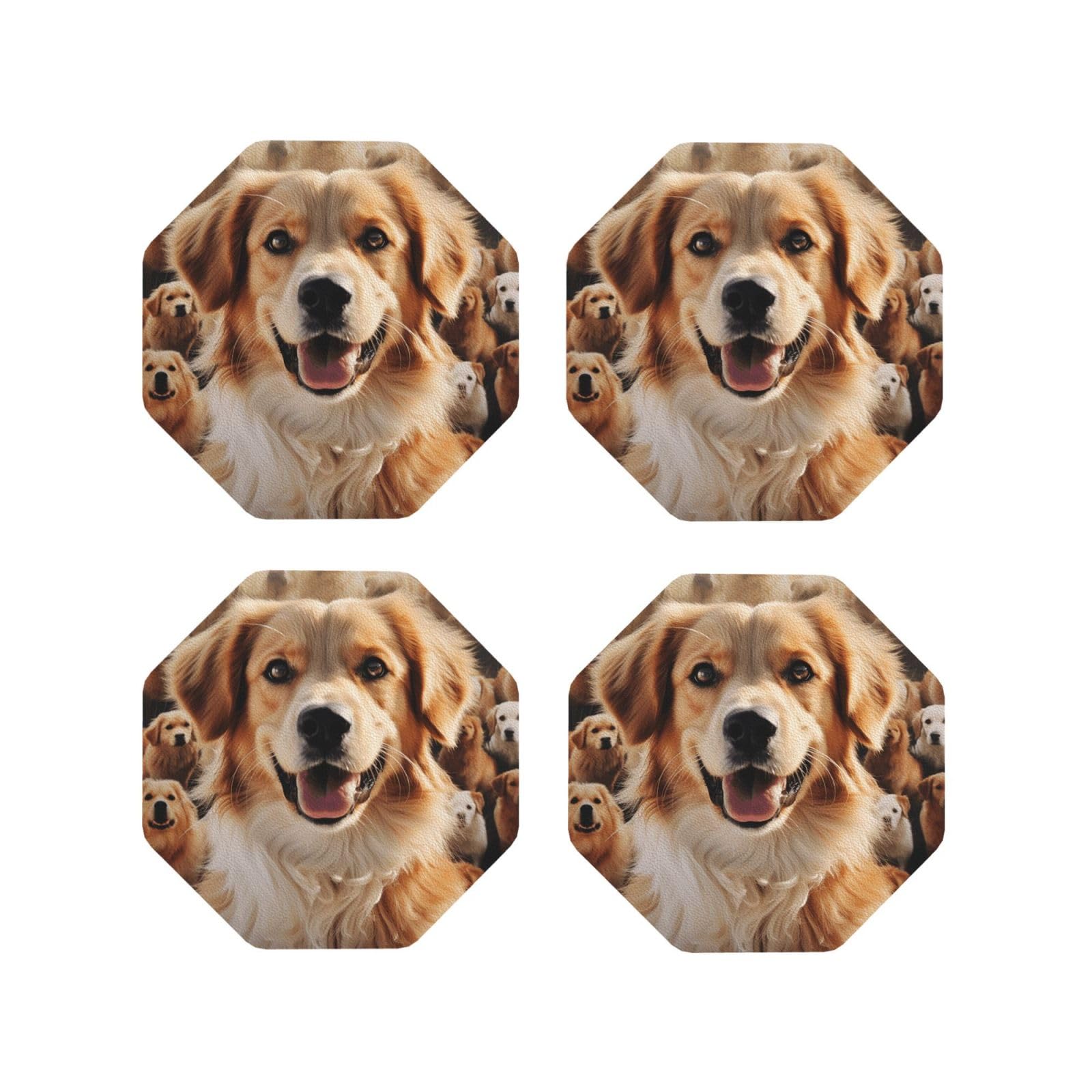 4Pcs PU Leather Coaster for Drinks, Dogs Retriever Cup Coastersr 4" Cup Mat Pad, Aesthetic Drink Coasters for Coffee Table, Octagon Coaster for Tabletop Protection