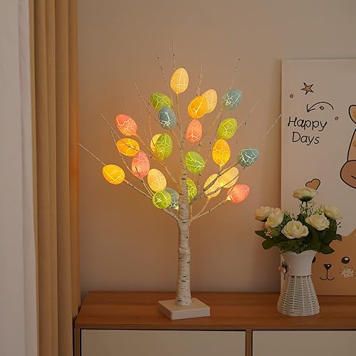 Caluself Colorida decoración de árbol iluminado de Pascua con adorno de huevo árbol de abedul iluminado con 24 huevos de Pascua funciona con