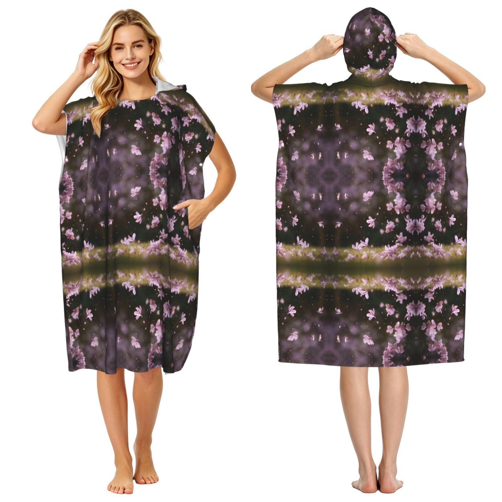 EZDLOWVBA Pink Lilac Petals Print Hooded Poncho Microfiber Beach Towel,Adult Women & Men Changing Robe,Lightweight Summer Surf Swim Bath Poncho Towel