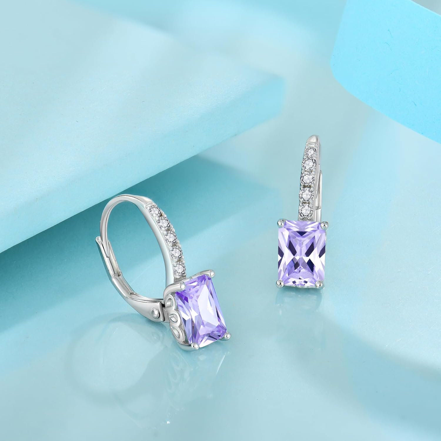 FJ Princess Cut Dangle Drop Earrings 925 Sterling Silver Leverback Square Solitaire Earrings Birthstone Jewelry for Women - Image 4