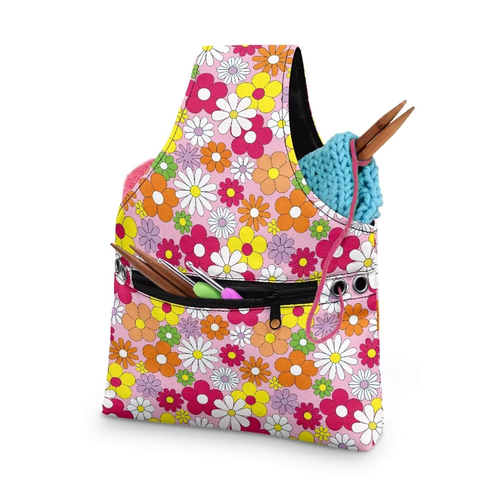 ZUXONGSY Colorful Daisy Yarn Bag for Knitting Pink Knitting Crochet Tote Bag for Women Yarn Tote Handbags for Crocheting