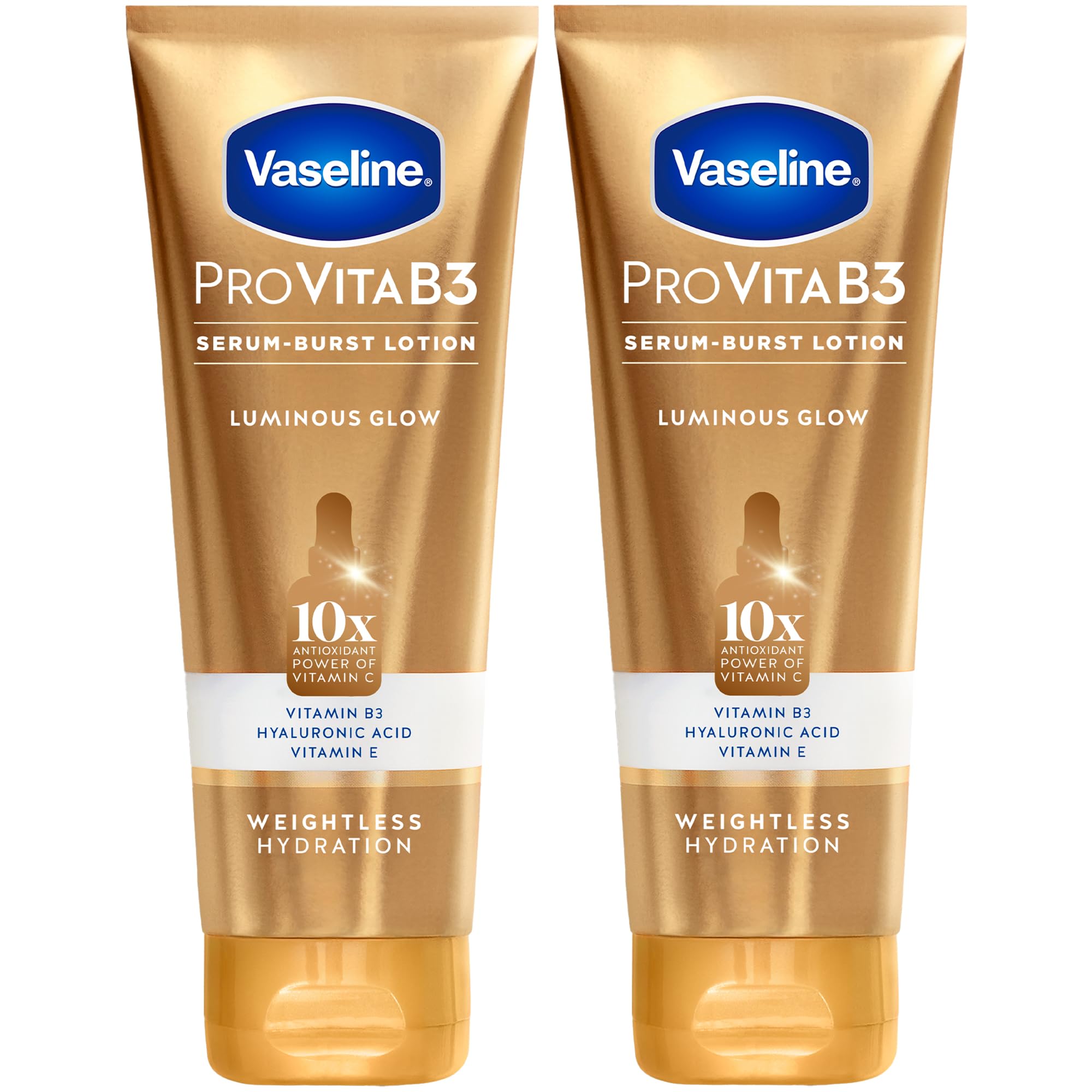 Vaseline Lotion, Pro VitaB3 Serum-Boost, Luminous Glow, 2-Pack – Weightless Hydration with Niacinamide, Hyaluronic Acid & Vitamin E, 7.5 Oz Ea