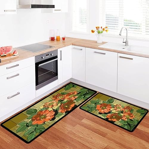 Kitchen Rugs Set Angular Mosaic Blooming Dog Rose Buds Stained Glass Window Frame Kitchen Mat for Floor Non-Slip Washable Kitchen Runner Doormat