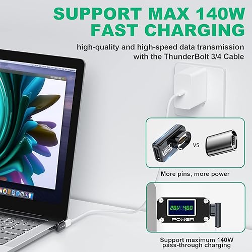 Miniatura 10 de Paquete de 2 adaptadores magnéticos USB tipo C, adaptador USB C magnético de ángulo recto con transferencia de datos de 40 Gbps PD de 140 W carga