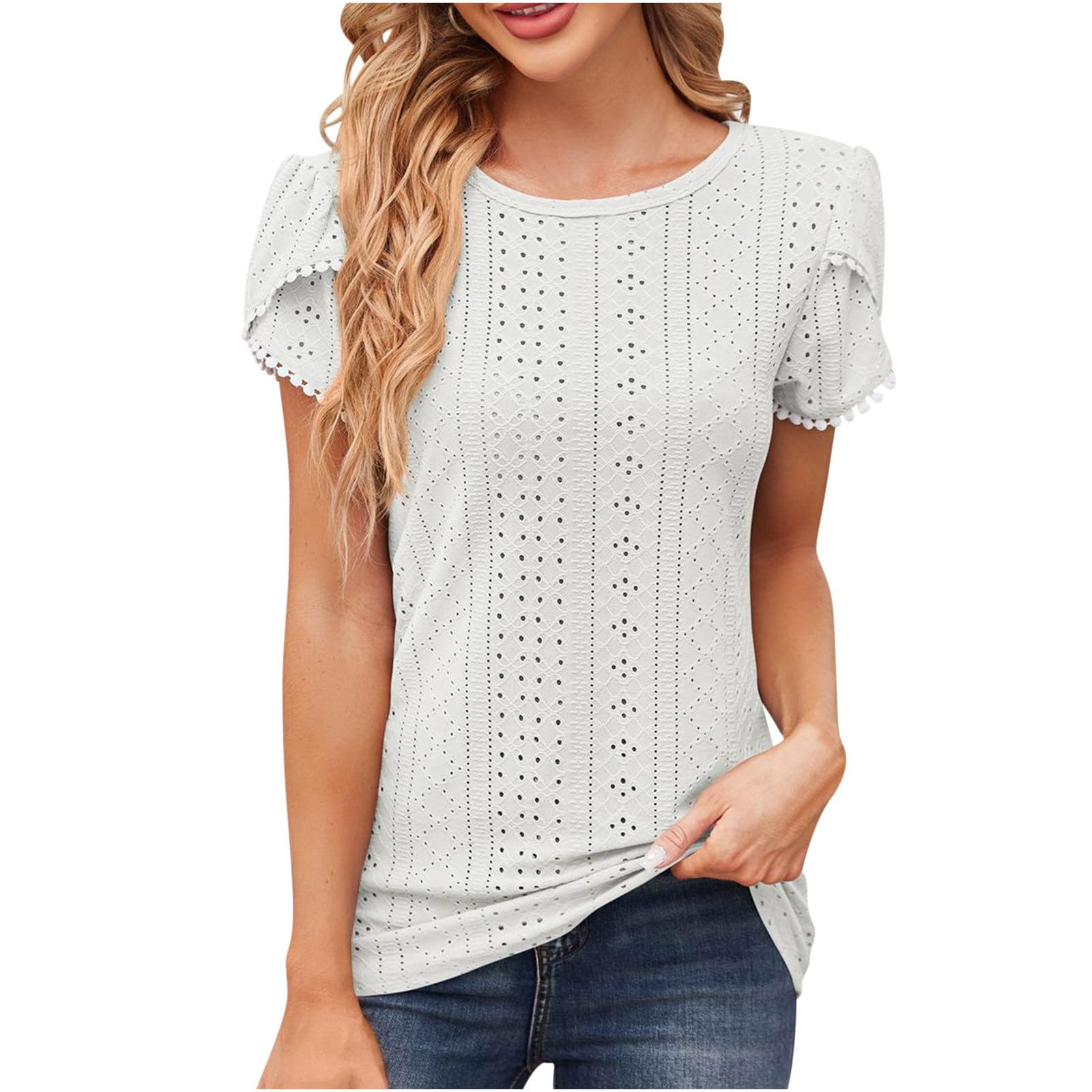 Lemoiitea Blusa y blusa para mujer, elegante, cuello redondo, casual, a la moda, color liso, de manga corta, camisetas de verano, camisetas para salir, para mujer, Reino Unido