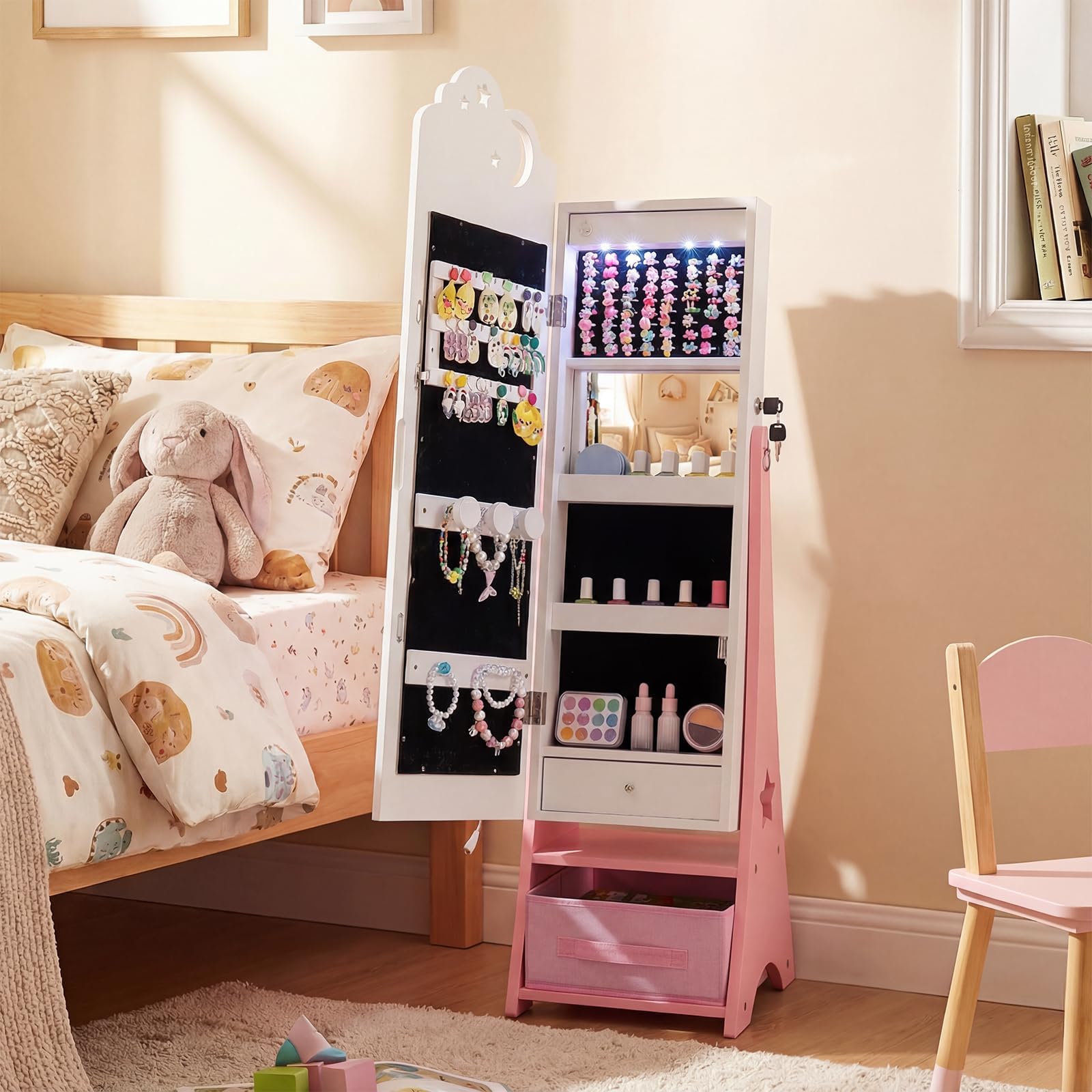 FANTASK Armoire à bijoux pour enfants - Armoire miroir avec éclairage LED et miroir complet - Verrouillable - Organiseur de bijoux inclinable avec miroir intérieur et tiroirs - Pour chambre d'enfant