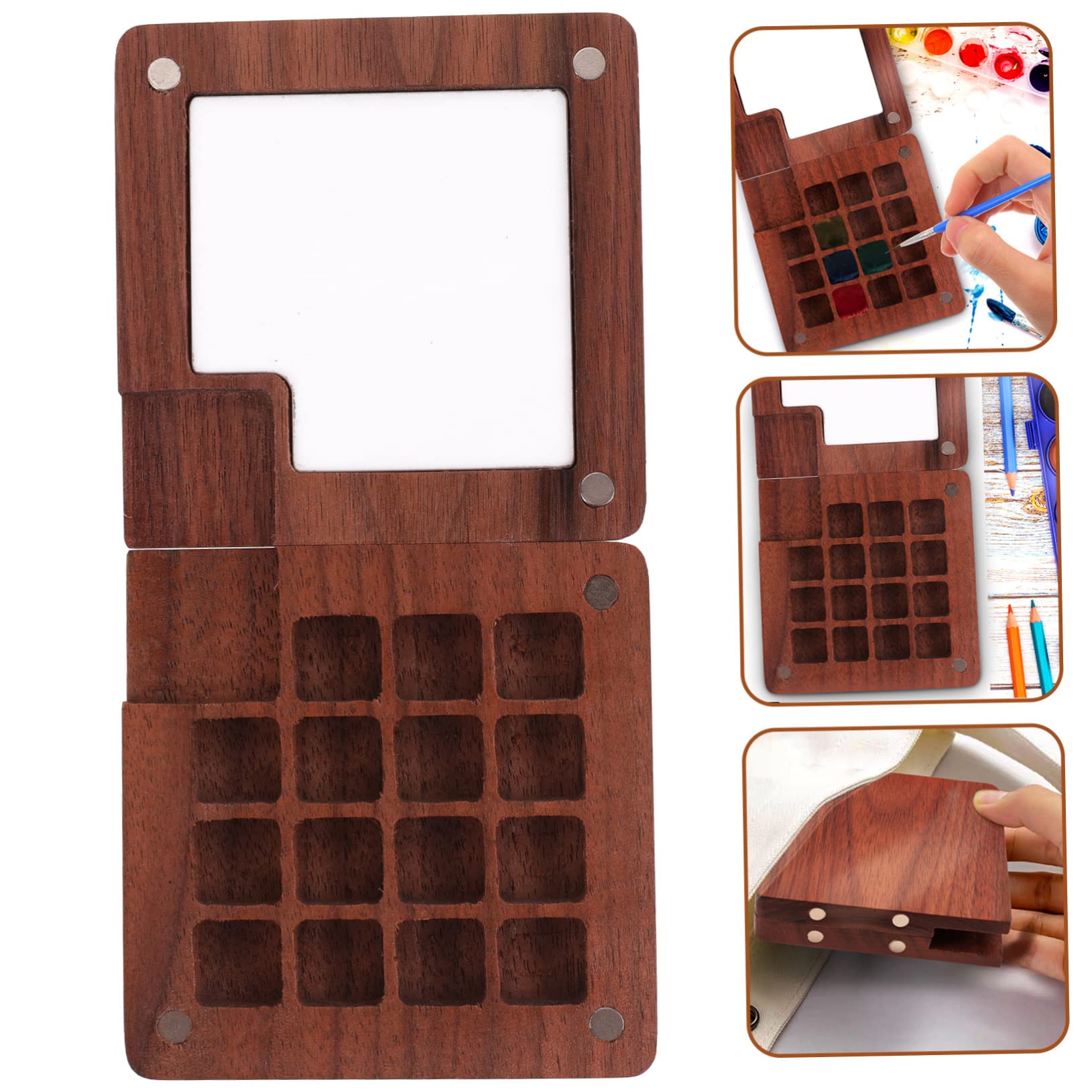 Operitacx 4piezas Caja De Mezcla De Color Portátil De Madera Para Acuarelas Estuche De Pintura Acuarela De Madera Caja De Pigmentos Magnética