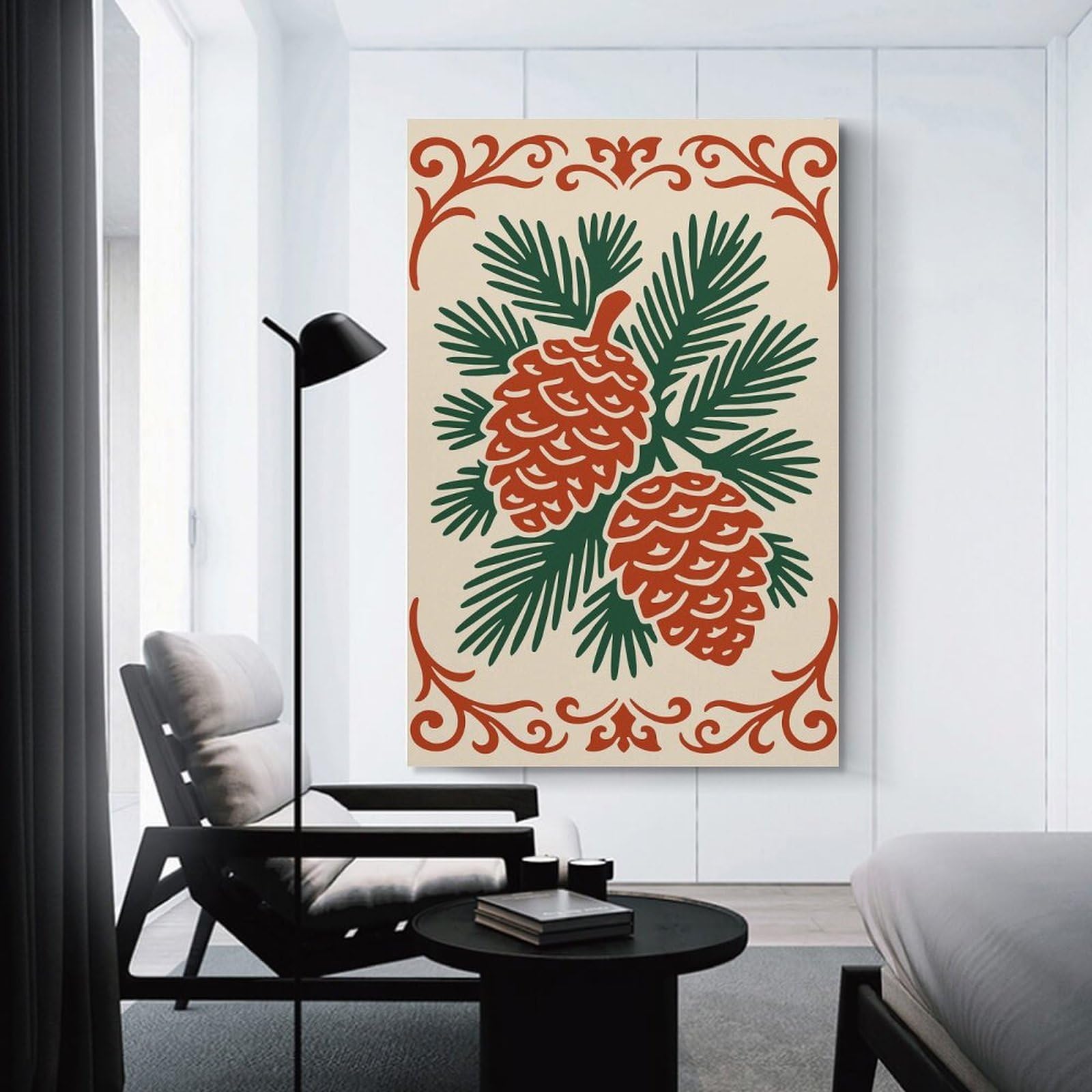 Junmoney Room Decor Wall Art Pinecones And Pine Needles with Ornate Border, 24x36inch(60x90cm), for Home Lounge, Bedroom Or Reading Nook, Eye Catching Artwork for Blank Walls