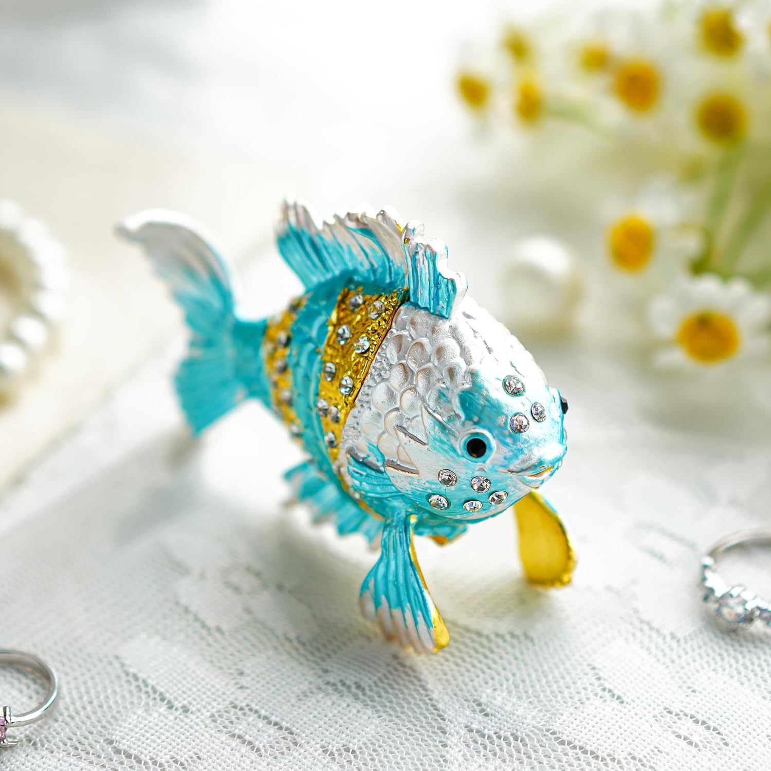 YU FENG Vintage Tropical Fish Trinket Box, Hinged Enamel Hand Painted Sea Animal Jewelry Box Ring Earrings Jewelry Organizer For Home Decor Gift