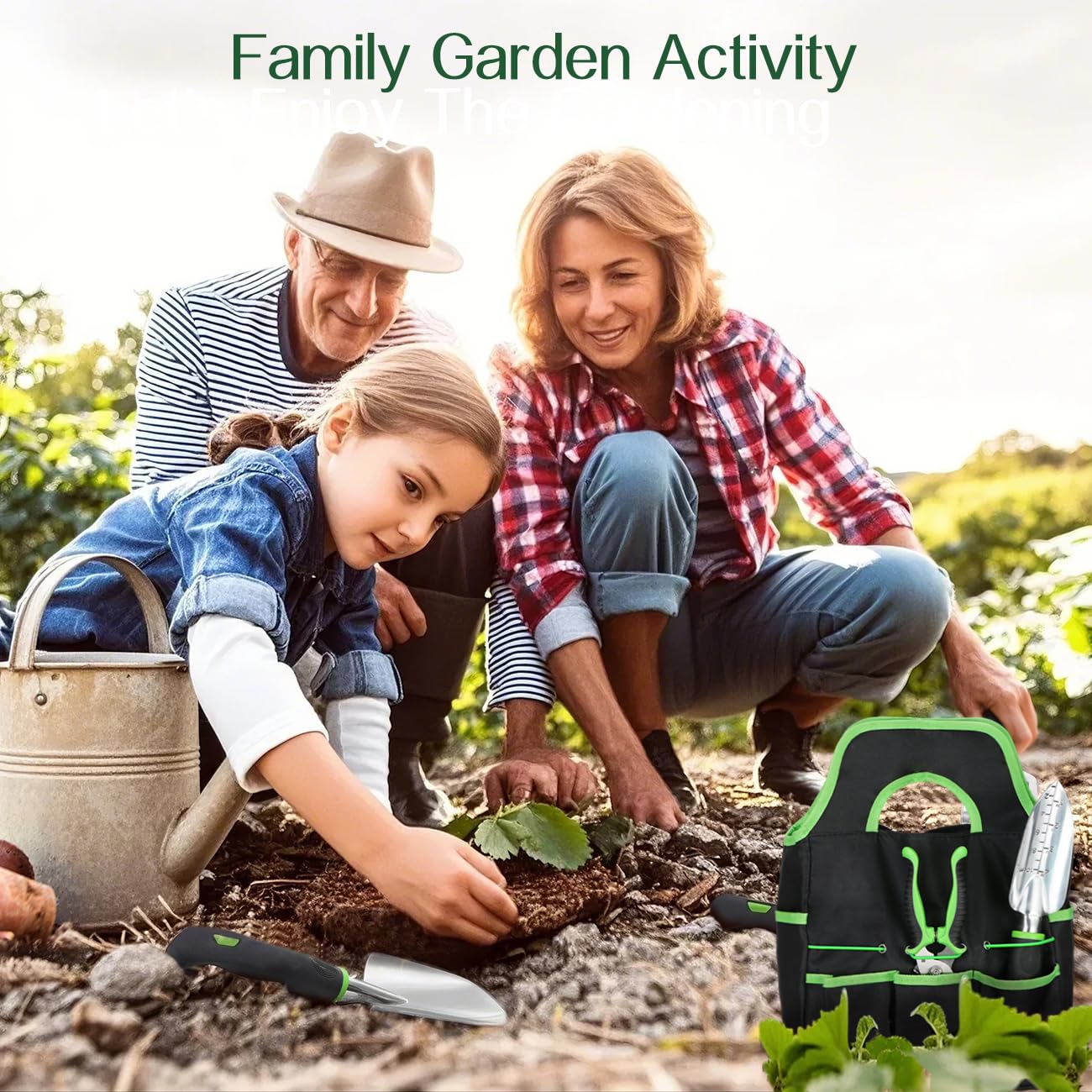 Housolution Juego de Herramientas de Jardín, 8 PCS, Kit de Herramientas de Mano de Jardinería, Suministros de Jardinería de Aleación de Aluminio Resistente con Mango, Bolsa de Almacenamiento, Verde