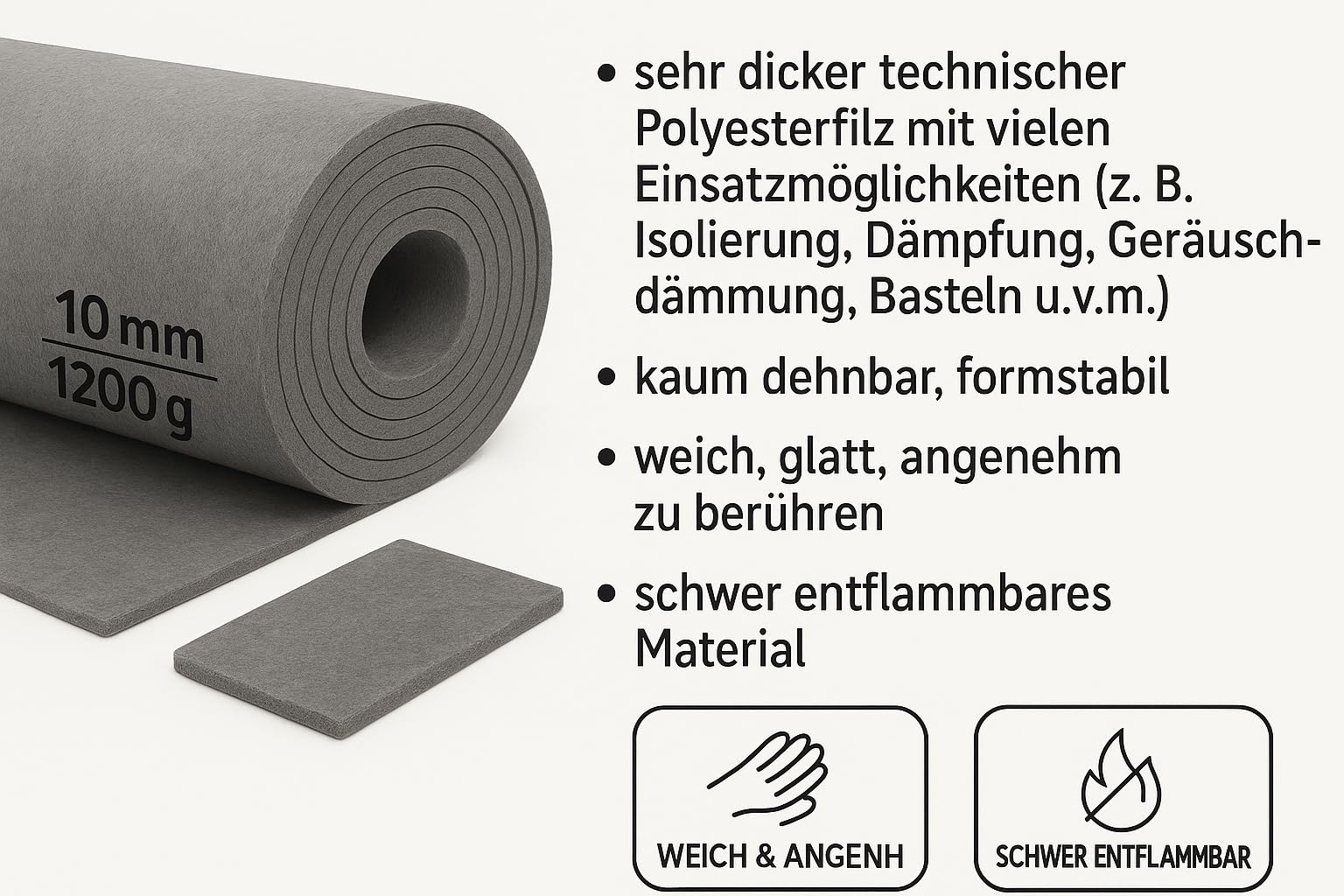 Filzmatte 10 mm - Filz Meterware 160x50 cm - extra dicht aus Polyester Filz 1200 g/m2 - Robuste Filzplatte für Schallschutz, Filzunterlage unter Maschinen, zuschneidbar, ideal für DIY, grau