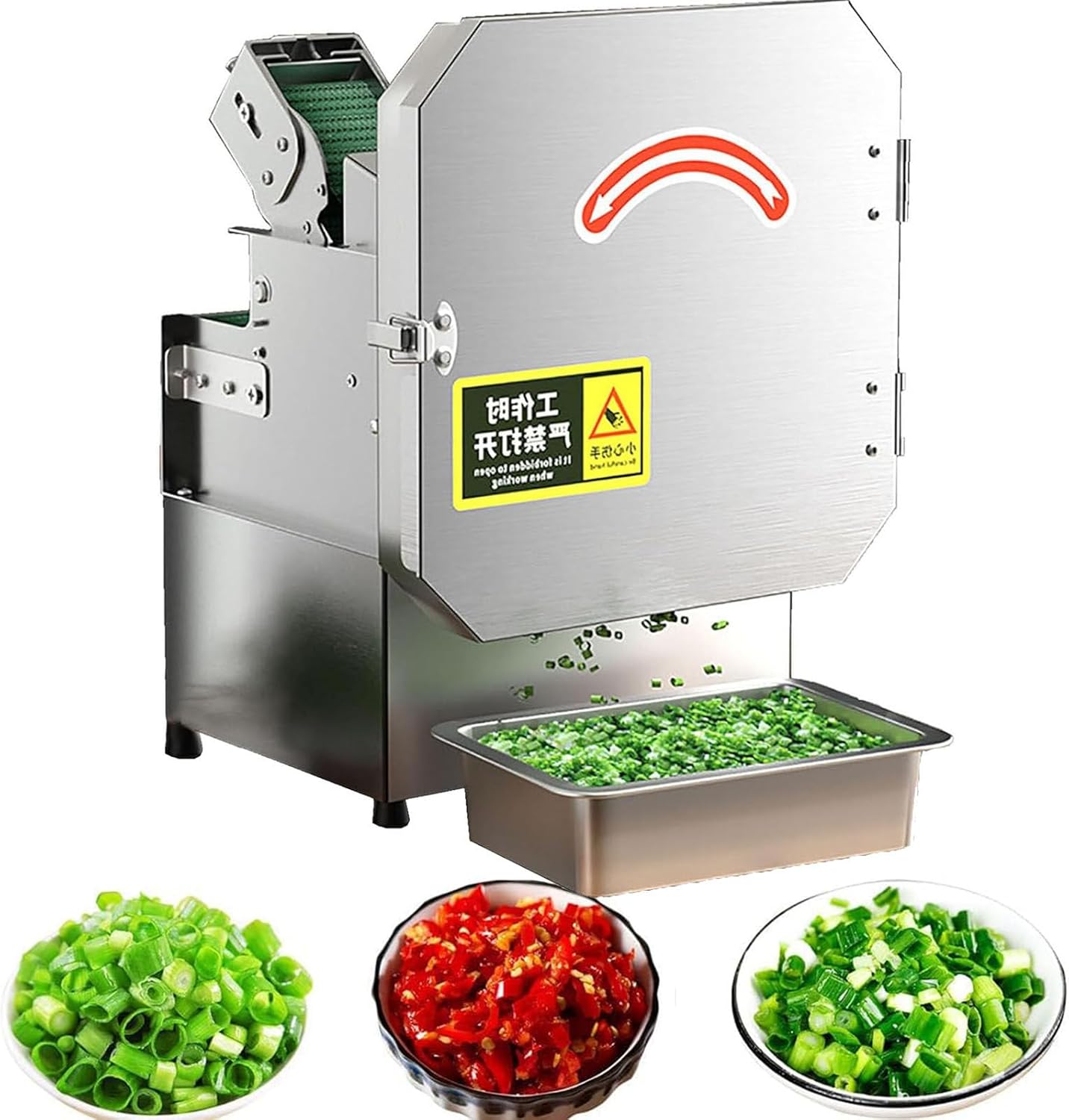 Electric Vegetable Dicer with 300-Watt Stainless Steel Blades and Adjustable Thickness for Efficient Kitchen Food Preparation.