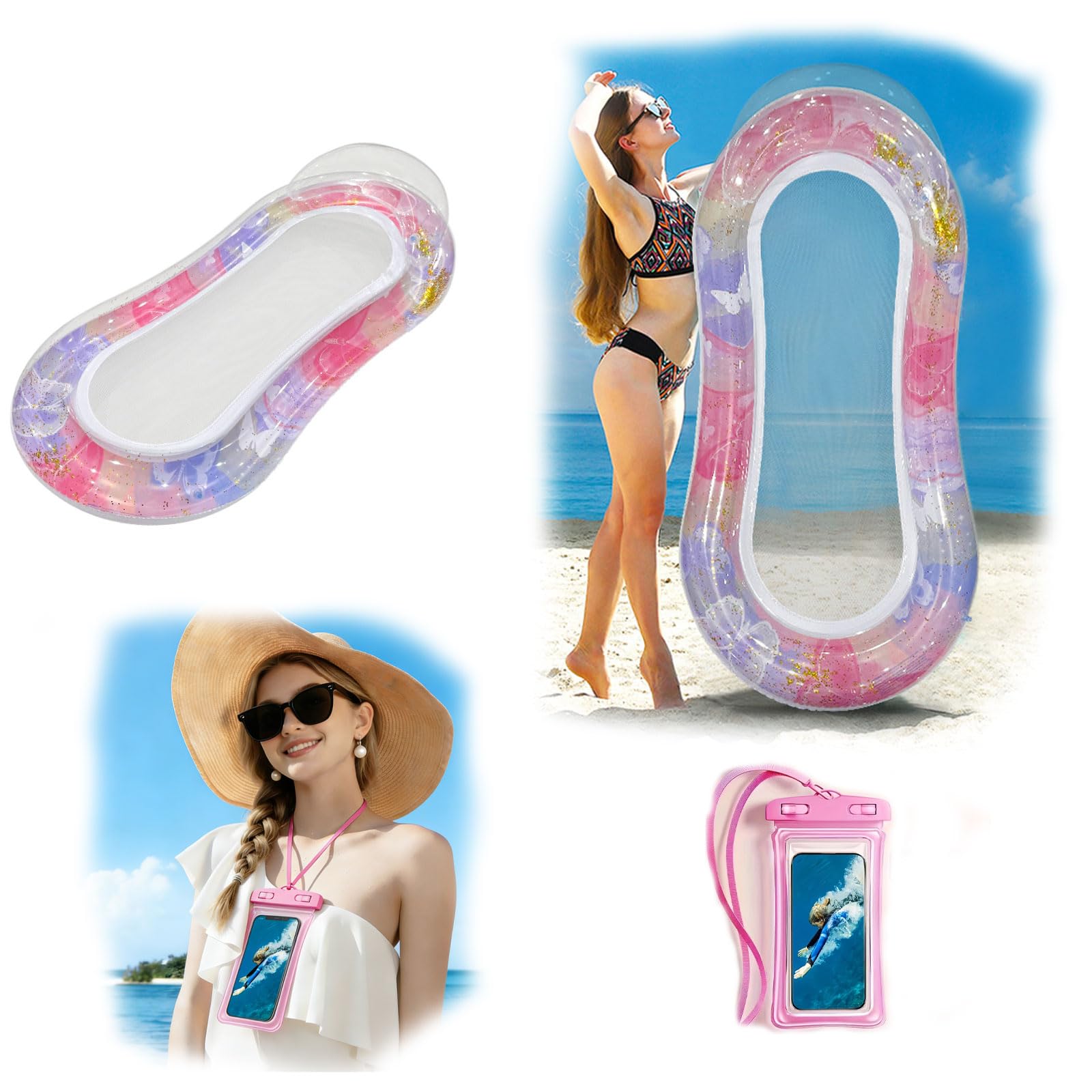 Heucadup pool inflatables, pool lounger with waterproof phone pouch, floats for swimming pools with Headrest, inflatables for swimming pools for sunbathing and relaxing by the pool (Starry pink)