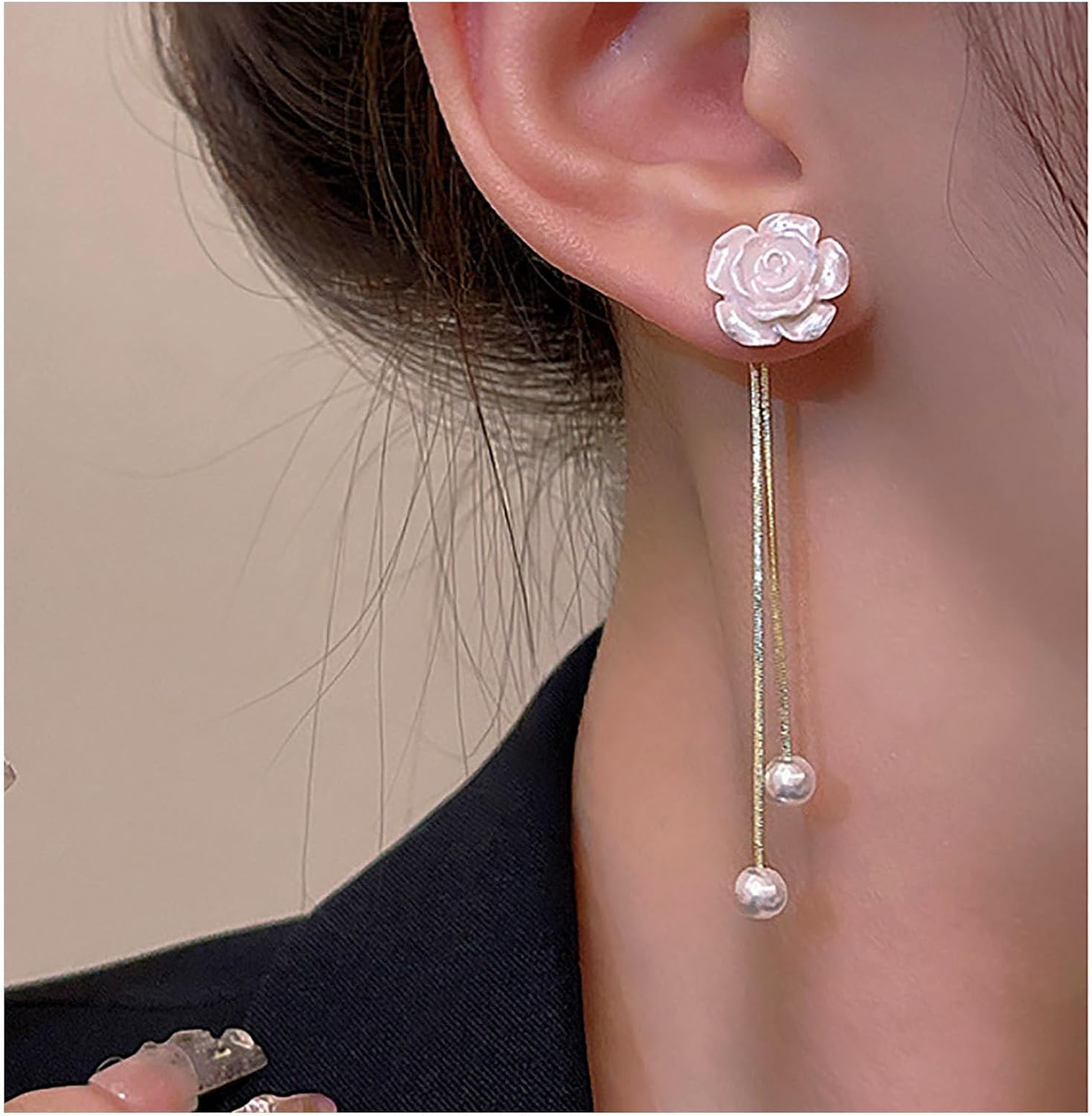 Vintage Flower Pearl Drop Earrings Long Tassel Pearl Earrings White Camellia Stud Earring Gold Pearl Chain Dangle Earrings Jewelry for Women - Image 6