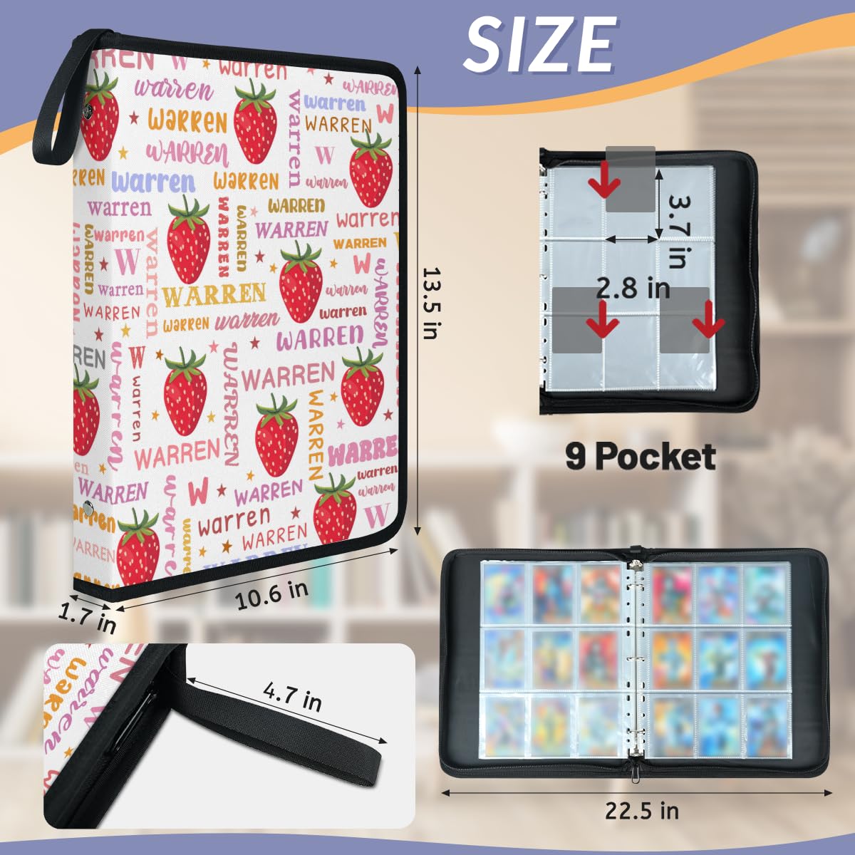 Sammelkartenalben, 9 Taschen, benutzerdefinierter Namen, Erdbeere, Sammelkarten-Binder, Geschenke für Kinder, Jungen, Mädchen, wasserdichtes Kartenhalter-Album