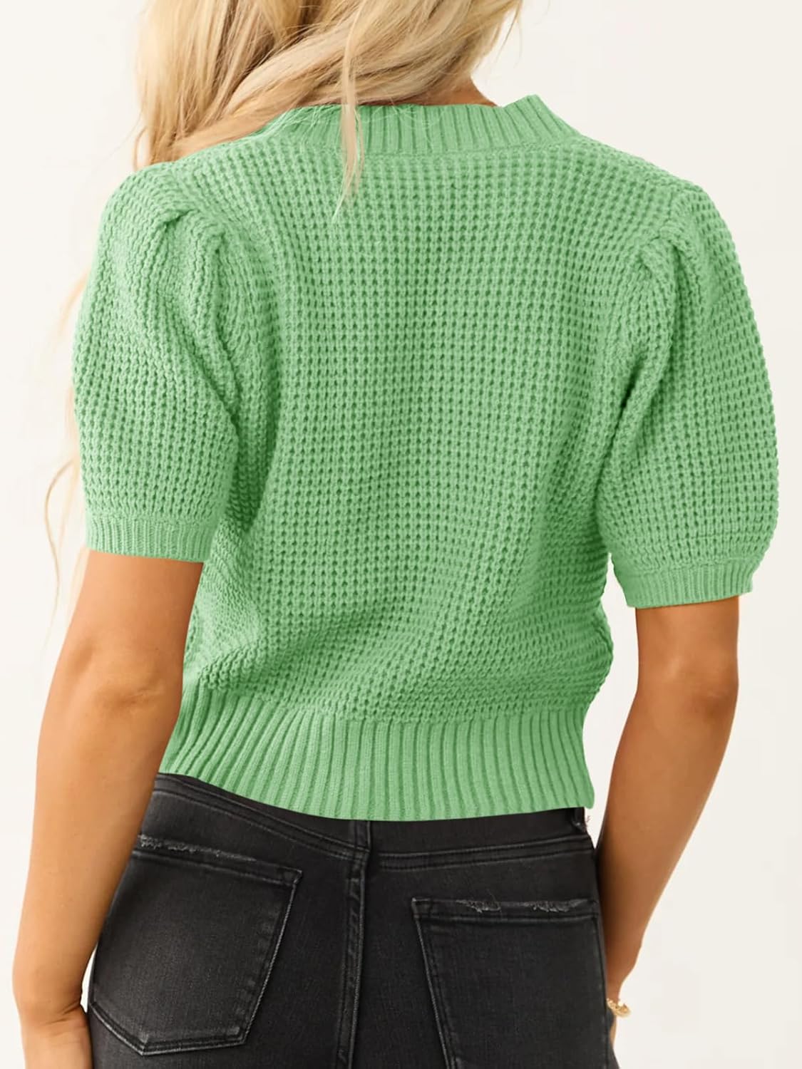 Saodimallsu Womens Puff Short Sleeve Sweater Top Waffle Knit V Neck Spring Summer Cropped Trendy Cute Shirts Blouses - Image 5