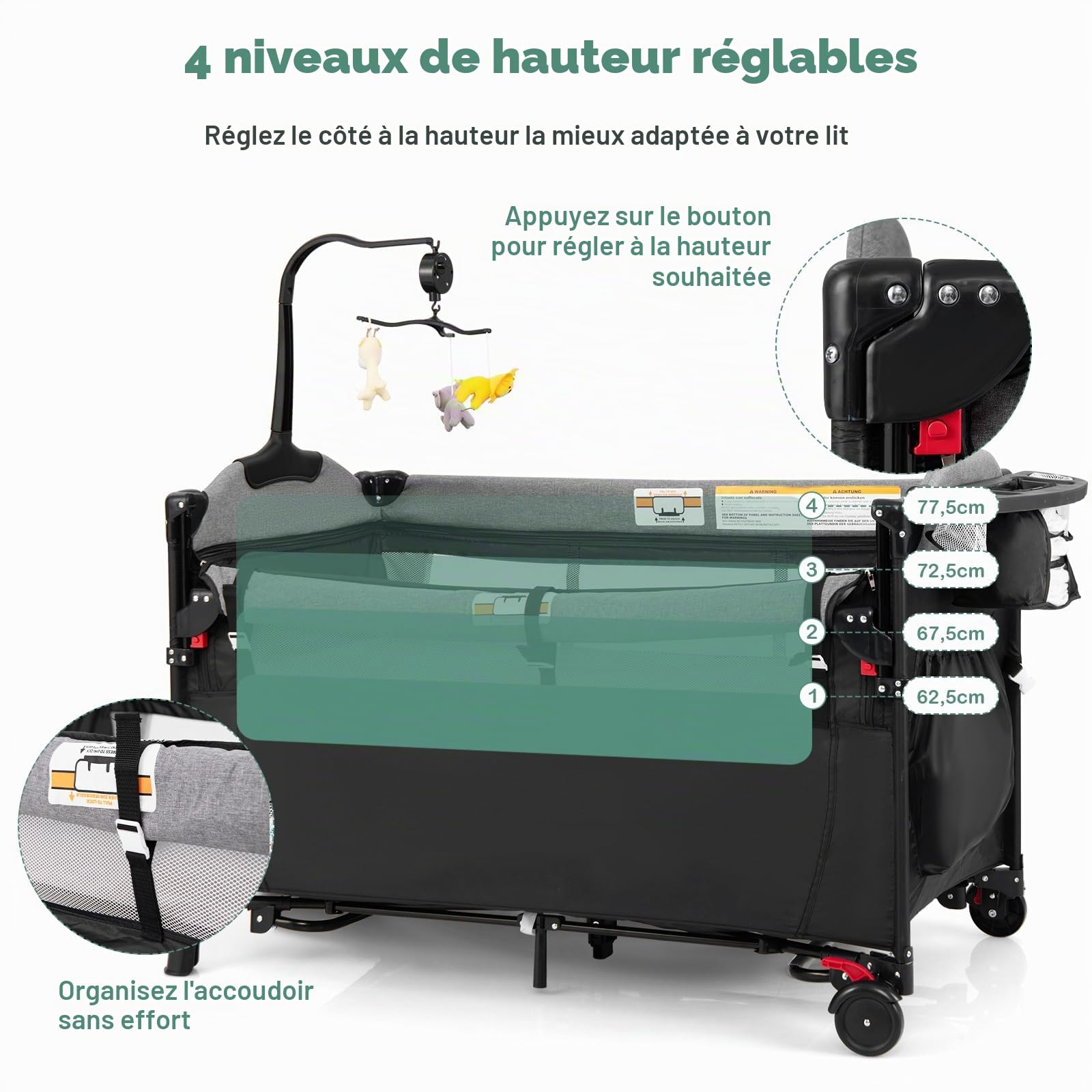 LIFEZEAL Lit Parapluie Bebe avec Matelas à 2 Niveaux, Hauteur Réglable 4 Positions, Lit Bébé Pliant Evolutif avec Table à Langer, Jouets, Boîte à Musique,Sac Transport, Charge 15kg, 0-36 Mois, Noir