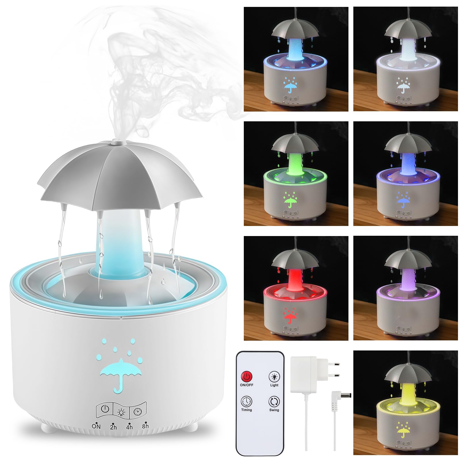 Umidificatore dell'ombrello: 300 ml Umidificatore rotante con telecomando, 7 colori LED aromaterapia diffusore umidificatore a goccia per camera da letto e soggiorno