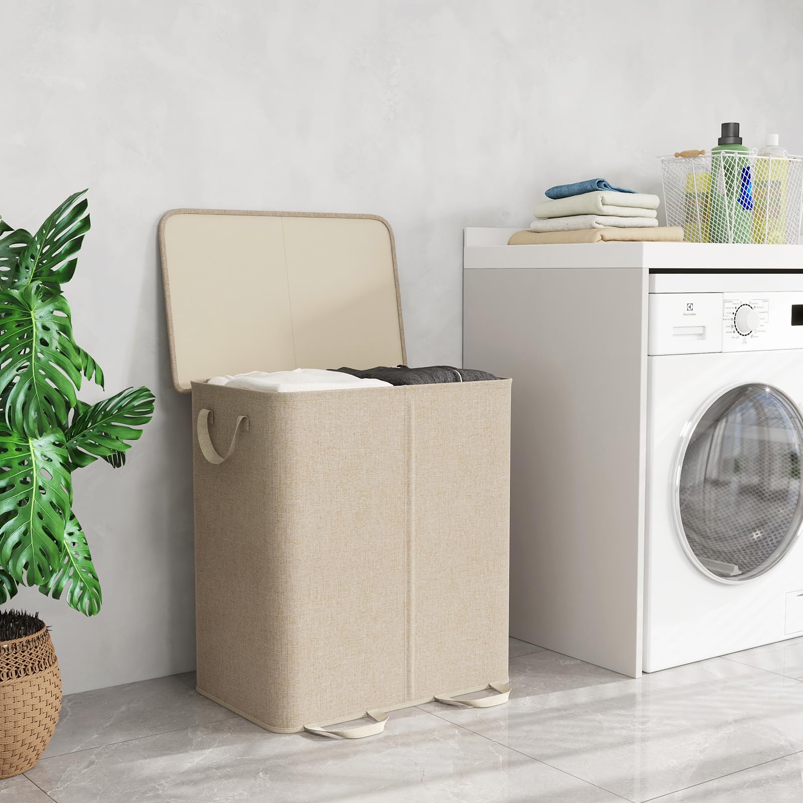 Lifewit 155L Wäschekorb mit Deckel und 2 Fächern, Beige