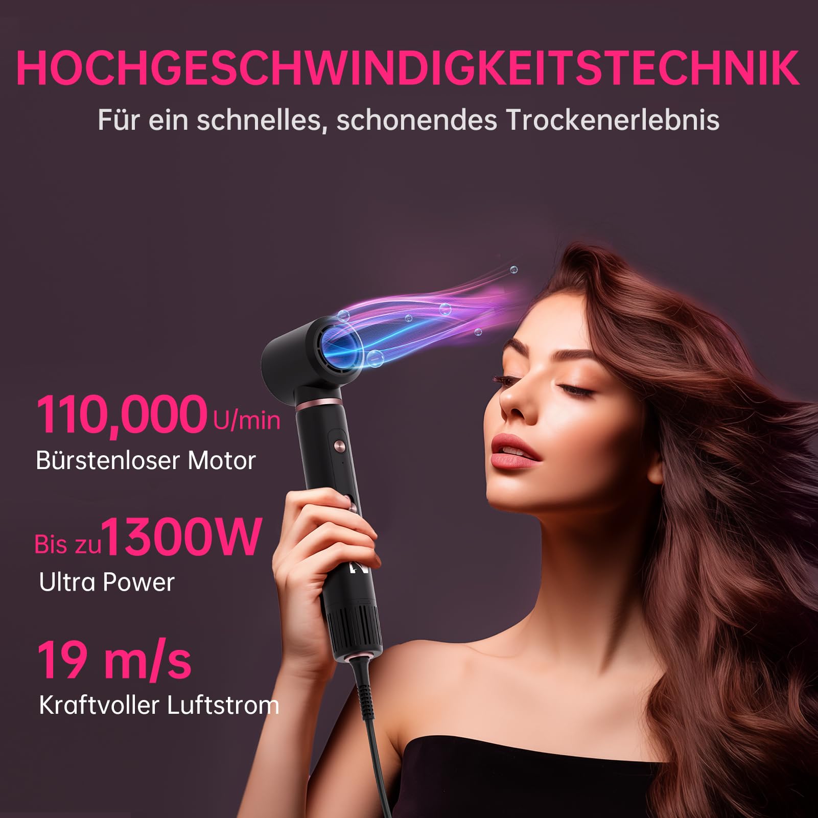 NICEBAY 6-in-1 Airstyler mit 110.000 U/min BLDC Motor, Negativ-Ionen Hairstyler, 1300W Haartrockner Warmluftbürste - Schwarz/Roségold