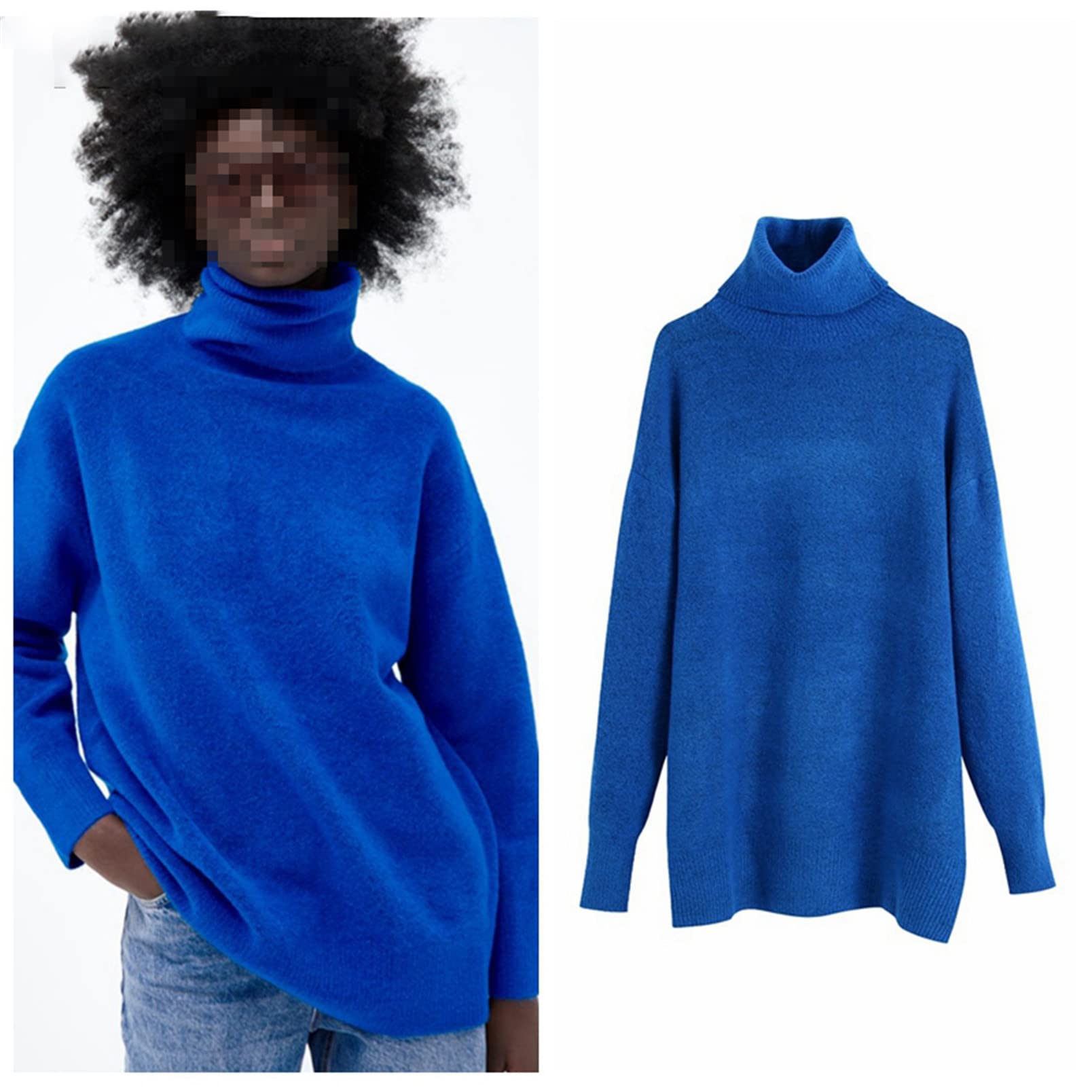 Maglione a collo alto blu da donna vintage oversize maglione a maglia