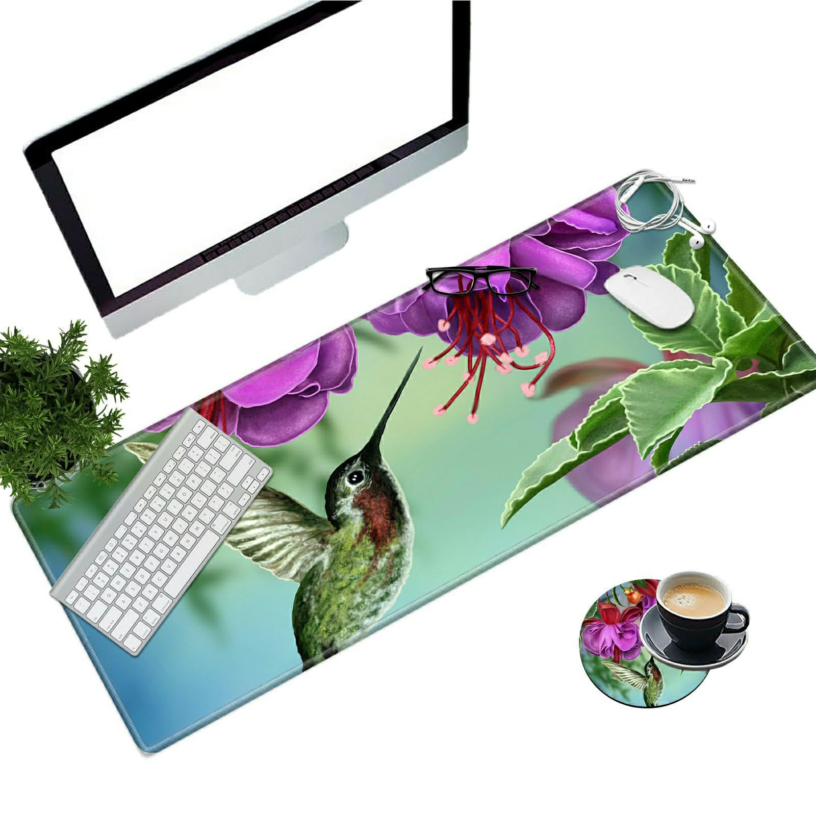 Desk Pad Mat Large Mouse Pad XL Extended Mousepad Gaming with Hummingbird Flower 31.5" *11.8" Huge Mouse Pads for Computer Laptop Home Office + Cup