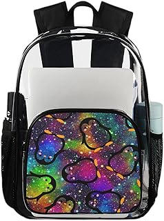 Mochila transparente Galaxy Penguin para uso pesado, mochila transparente impermeável com pinguim colorido mochila transparente de PVC com alça de ombro reforçada para escola, trabalho, viagens, Multicor